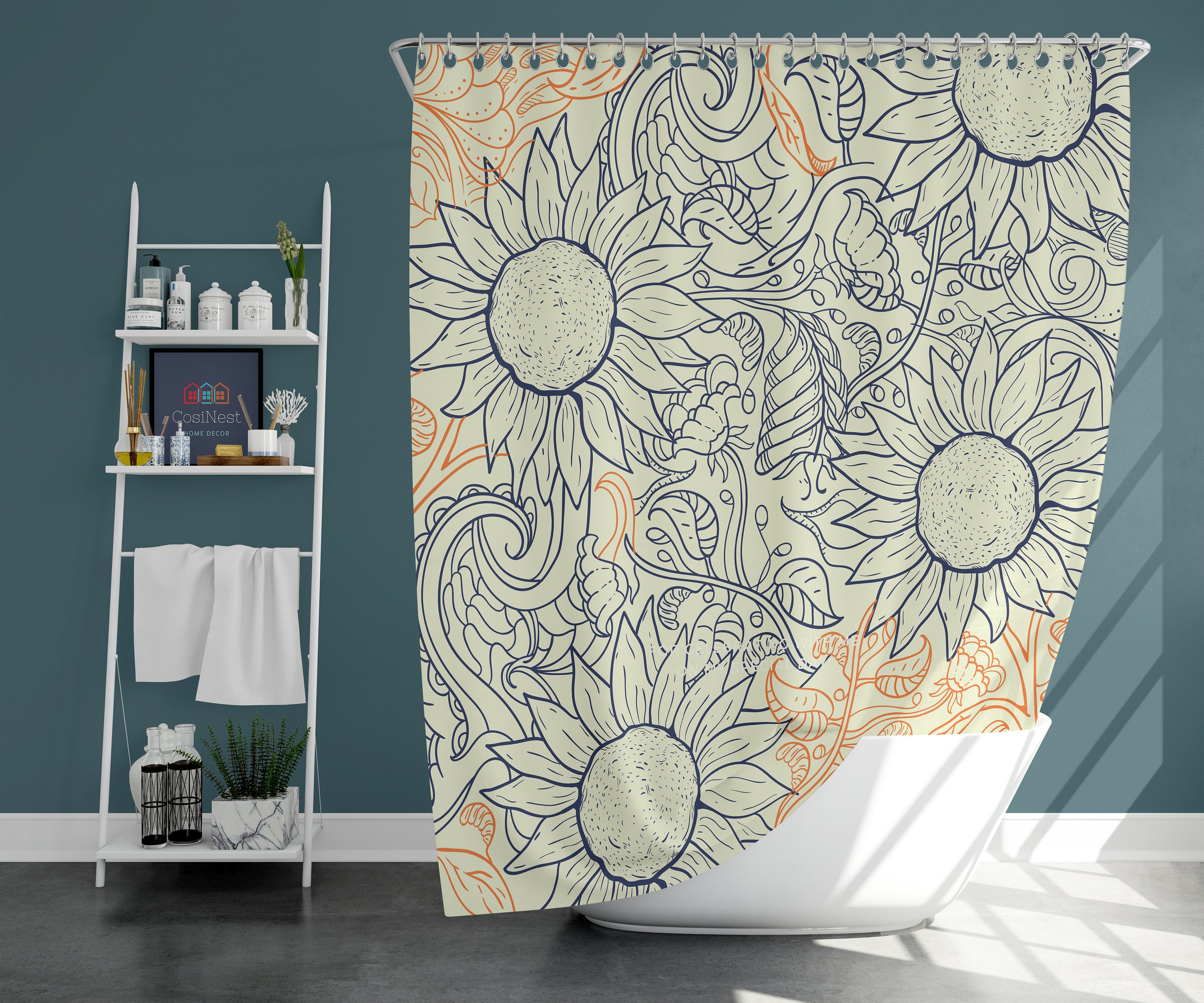 Botanical Floral Summer Shower Curtain Blue Orange Sunflower Fabric Bathroom Mat