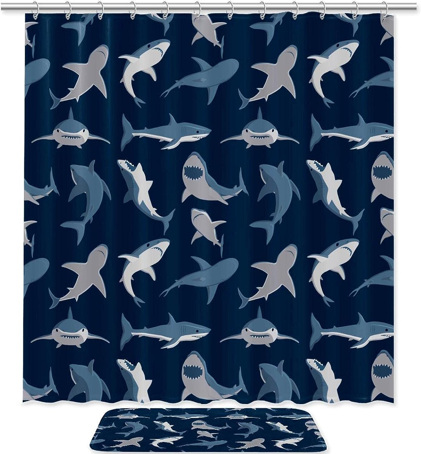 Double Glide Shower Hooks Shower Curtain Blue Ocean Shark Pattern