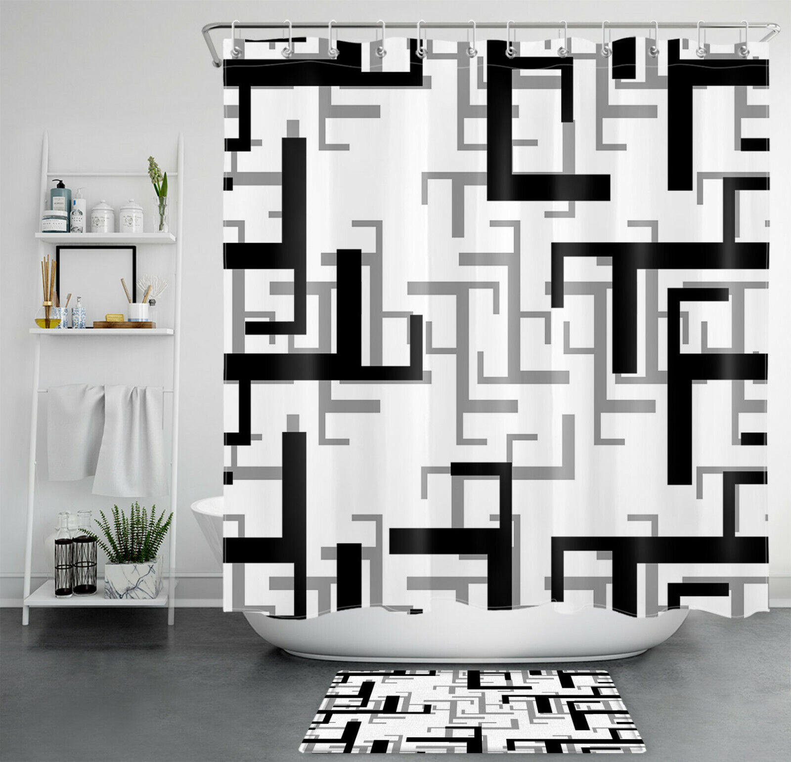Retro Checkered Geometric Shower Curtain Bathroom Decor