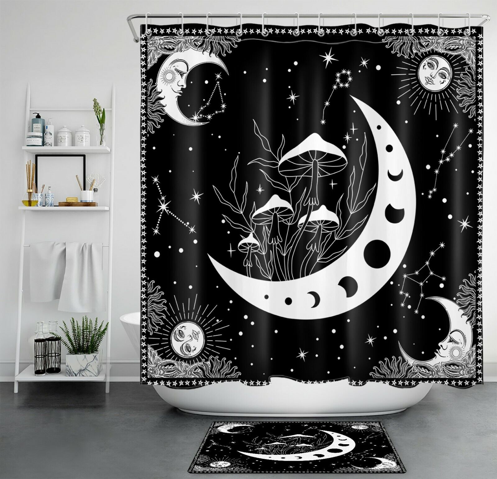 Mushroom Moon Starry Sky Shower Curtain Bold Bathroom Decor