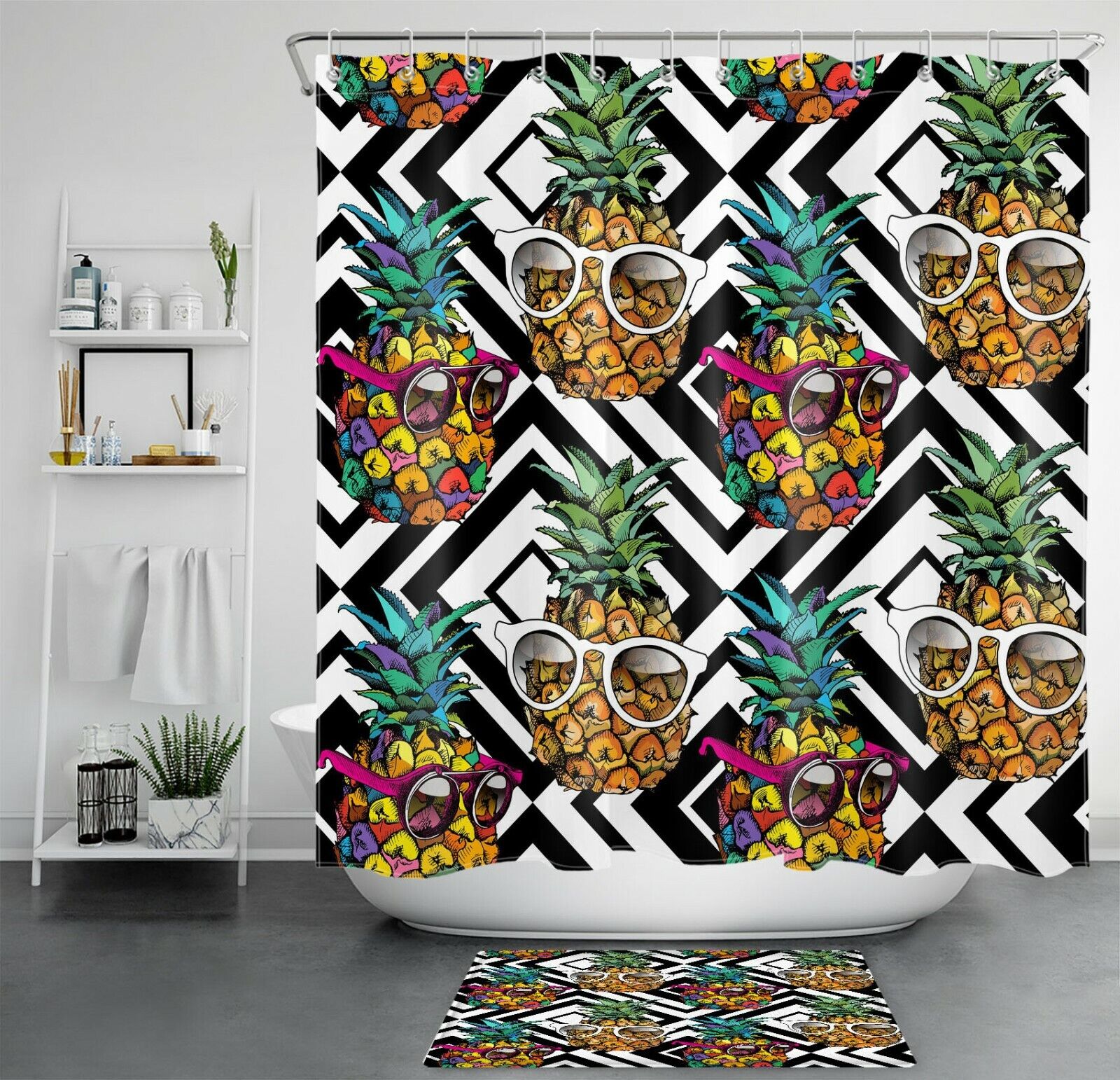 Pineapple Geometric Shower Curtain Tropical Bathroom Decor