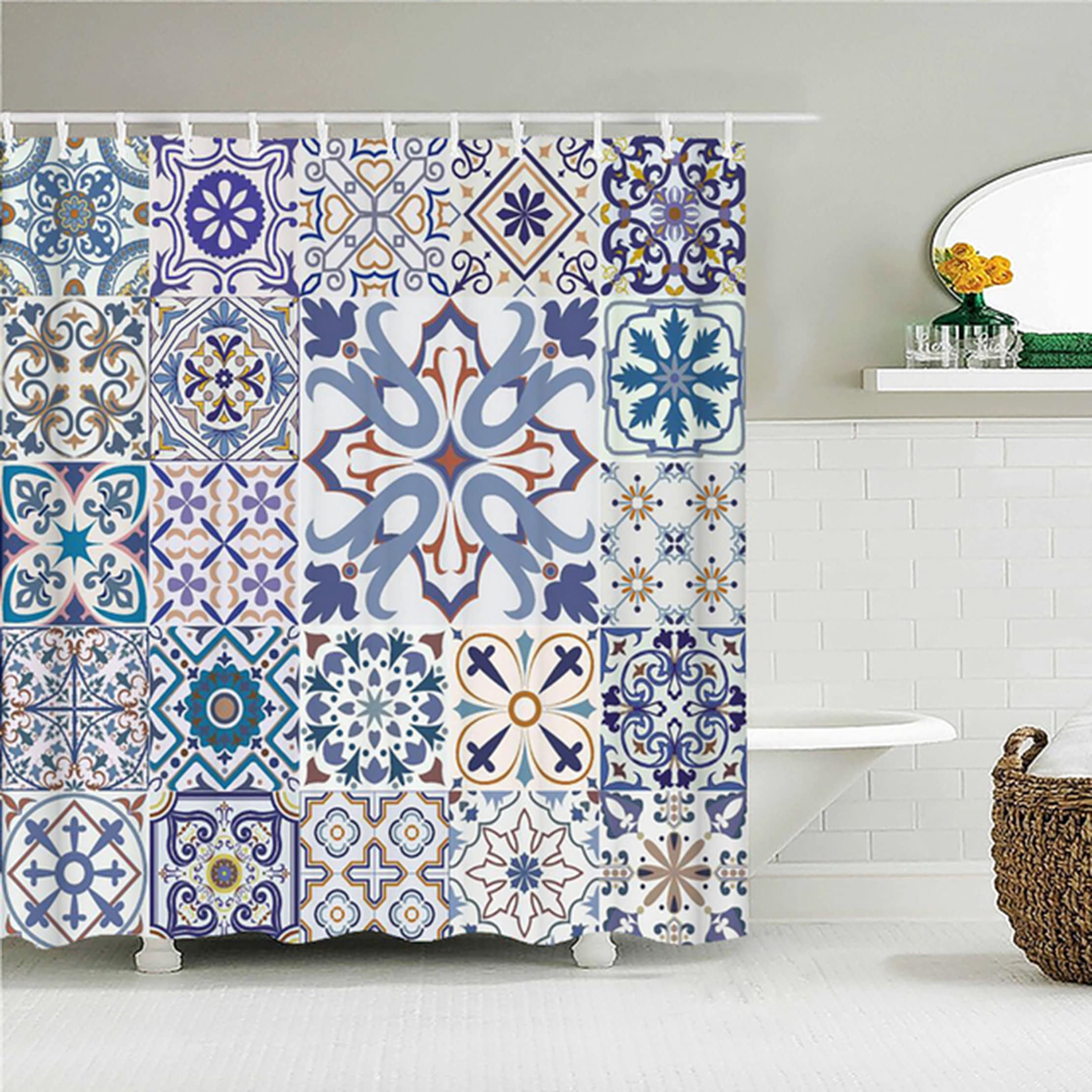 Geometric Square Mosaic Tile Shower Curtain Boho Chic Fabric Bathroom Curtain For Home Decor