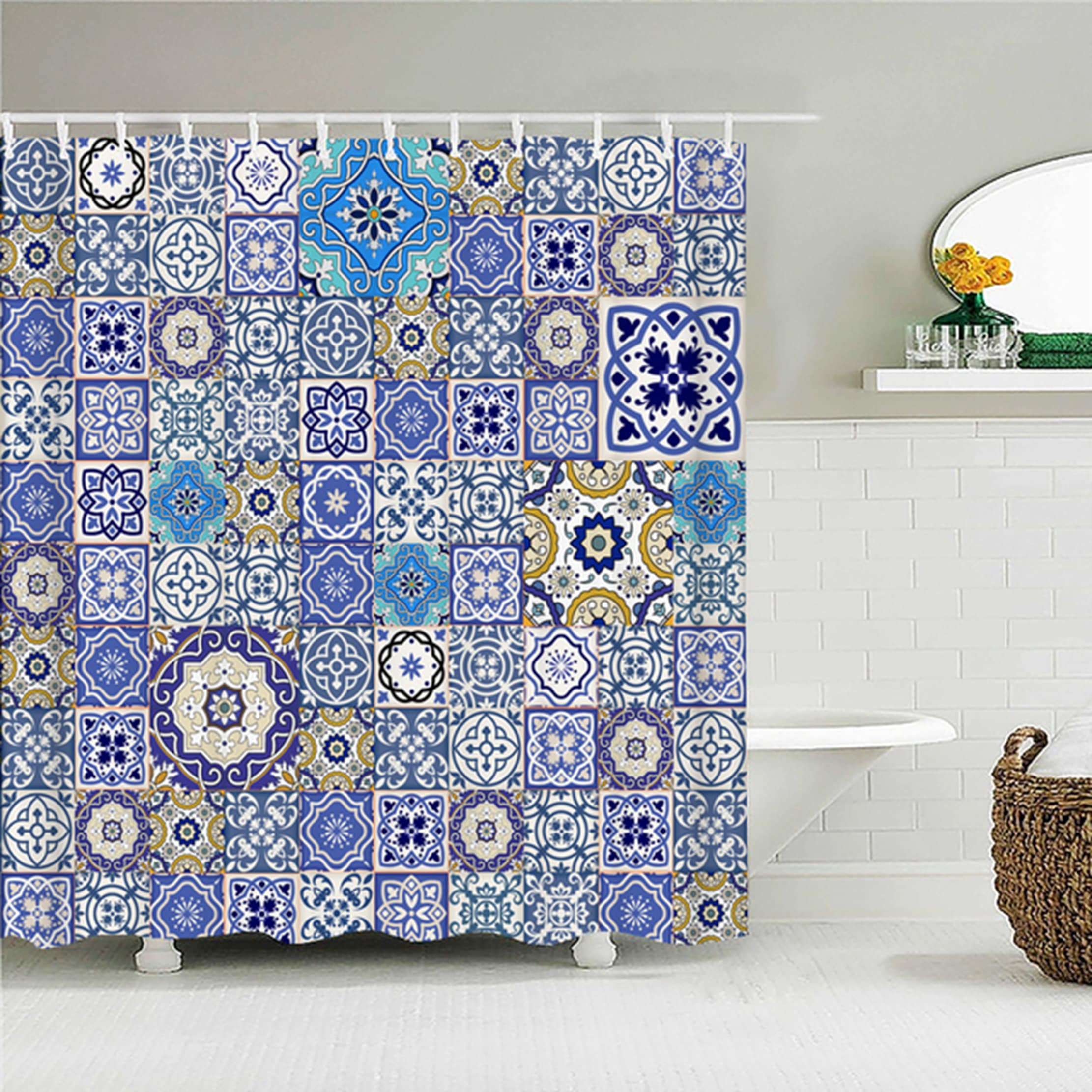 Geometric Floral Mosaic Tile Shower Curtain Boho Chic Fabric Bathroom Curtain