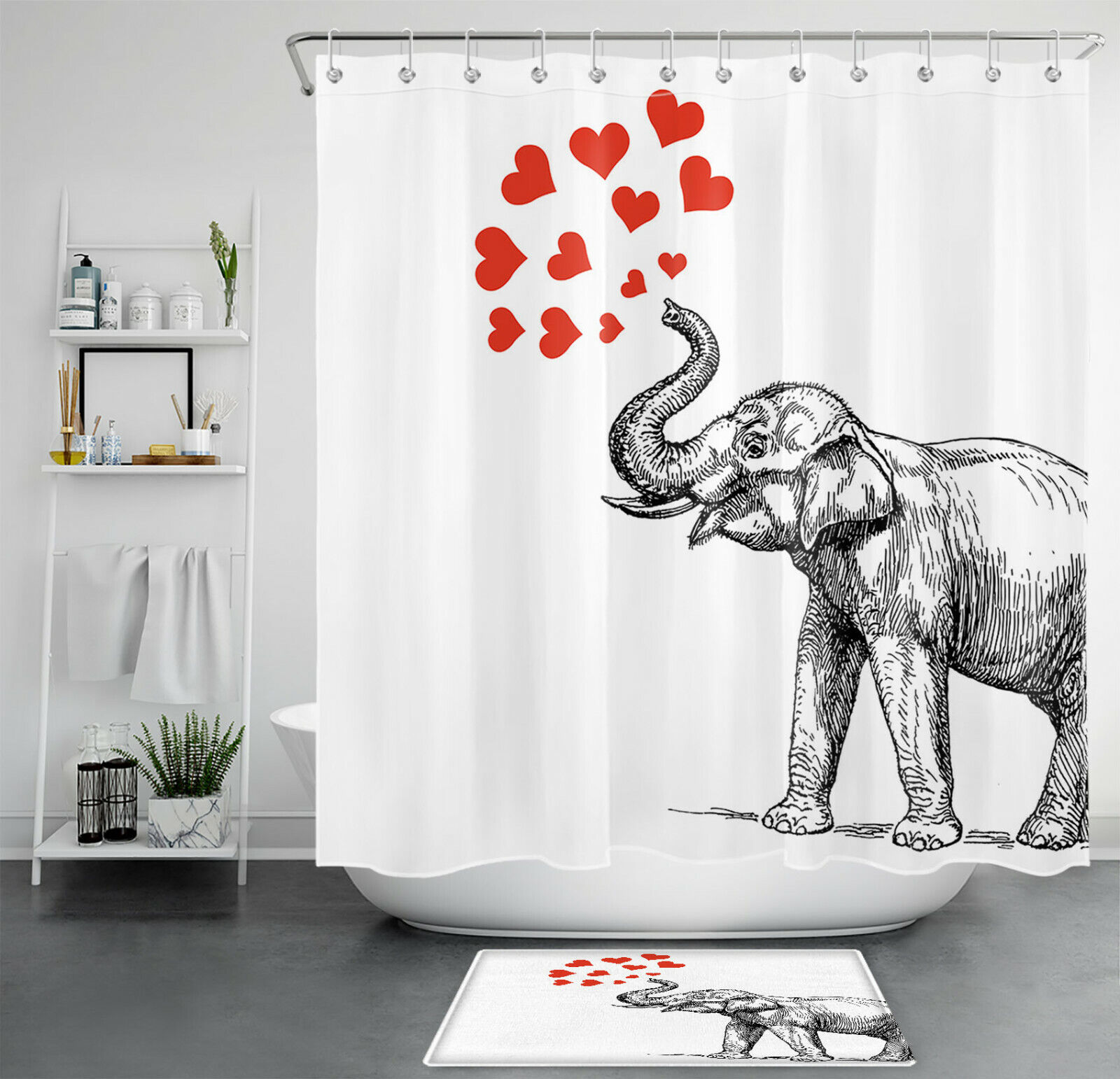 Elephant Valentines Day Shower Curtain Red Hearts Bathroom Decor