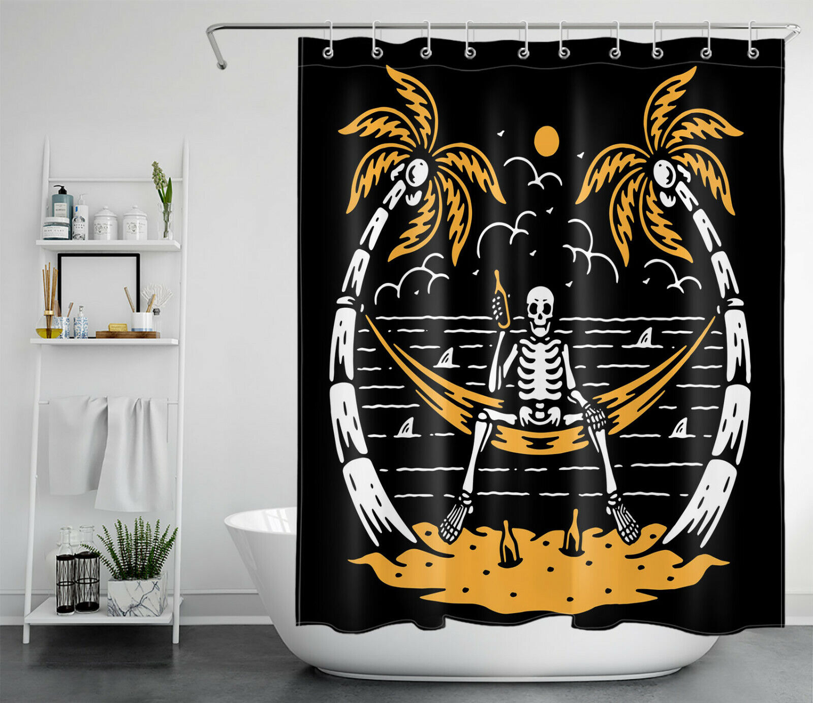 Skull Moon Palm Tree Beach Shower Curtain Alternative Bathroom Decor