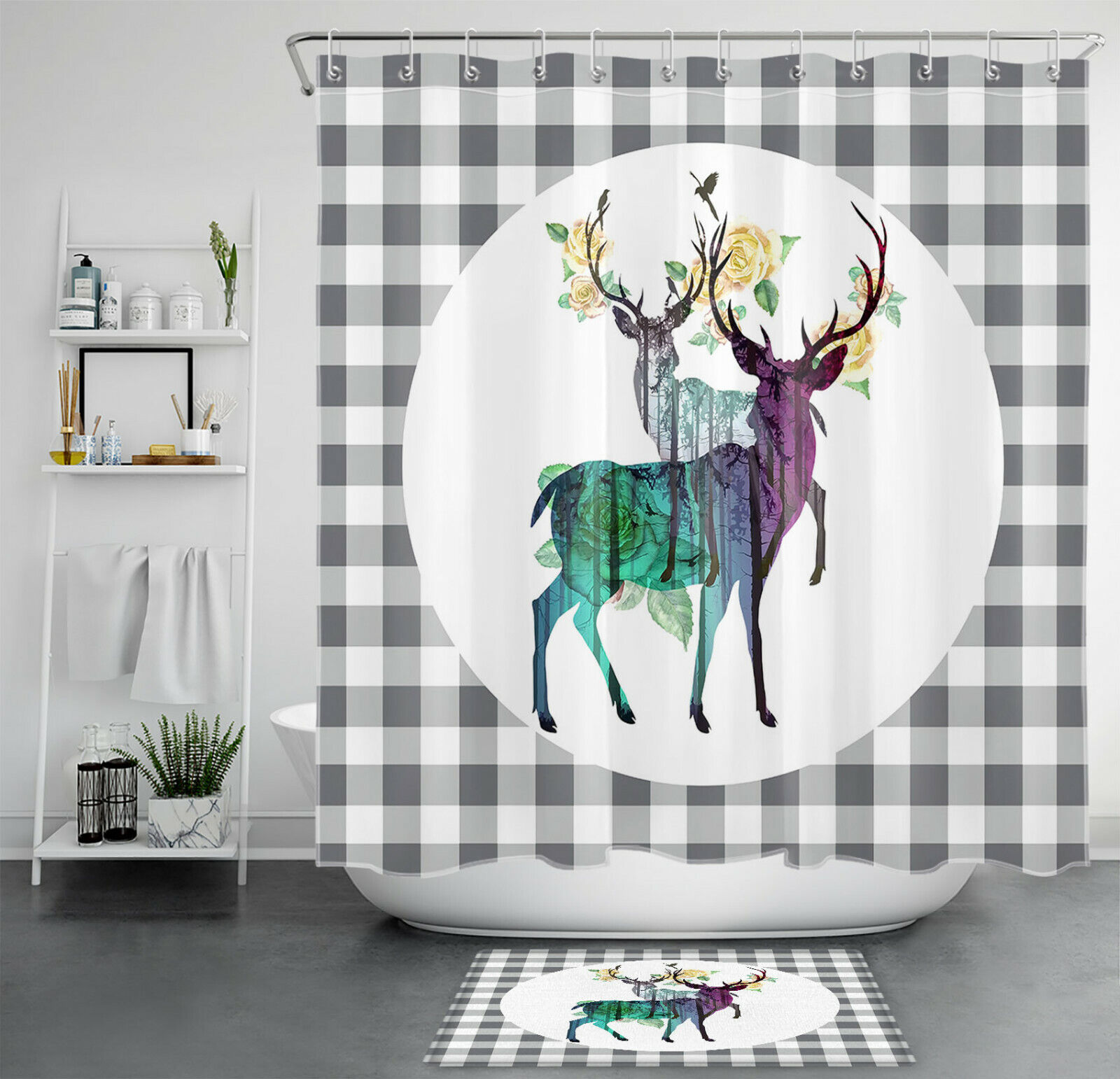 Elk Flowers Buffalo Plaid Shower Curtain Rustic Bathroom Decor