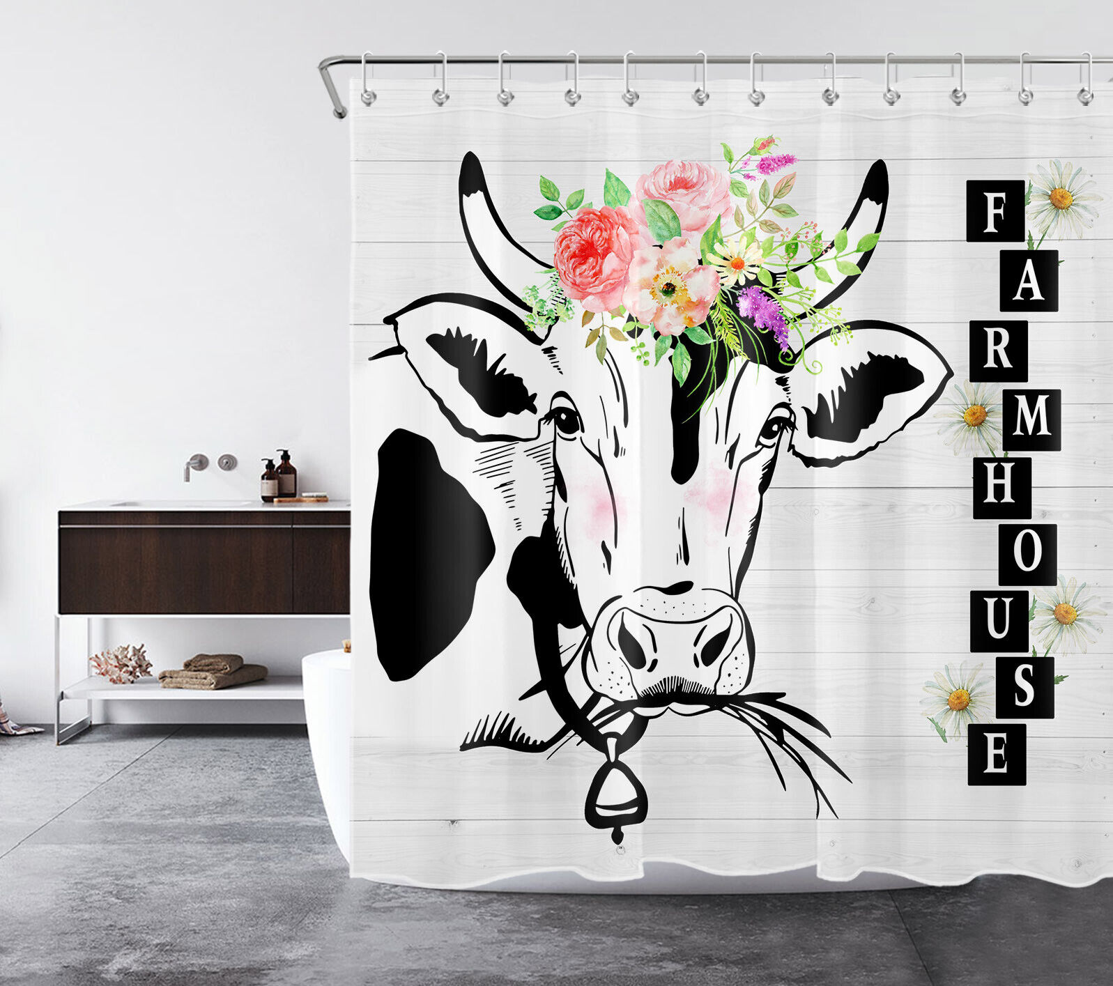 Cow Farmhouse Flower Daisy Shower Curtain Rustic Bathroom Accessory