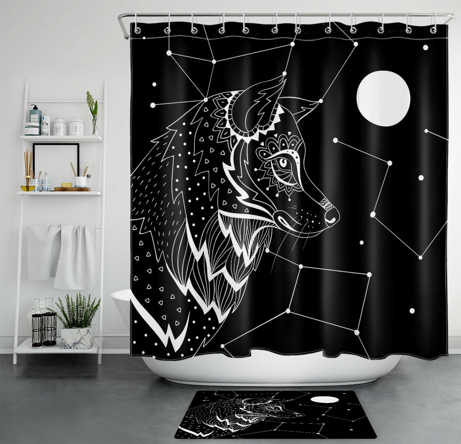 Full Moon Constellations Wolf Shower Curtain Mystic Bathroom Decor