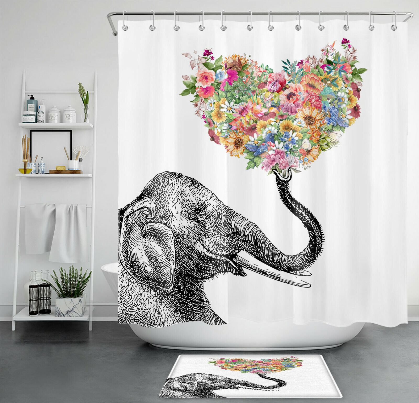 Elephant Shower Curtain Colored Heart-Shaped Flowers Bathroom Decor