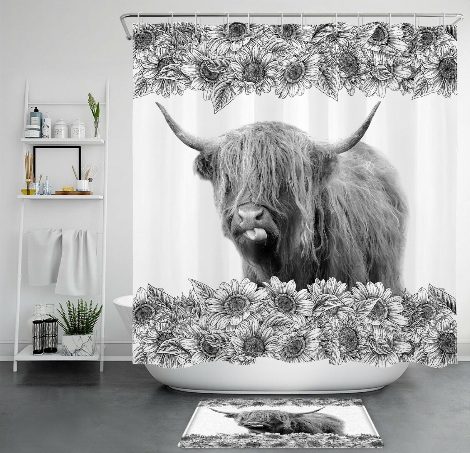 Funny Highland Cow Sunflower Shower Curtain Rustic Bathroom Decor