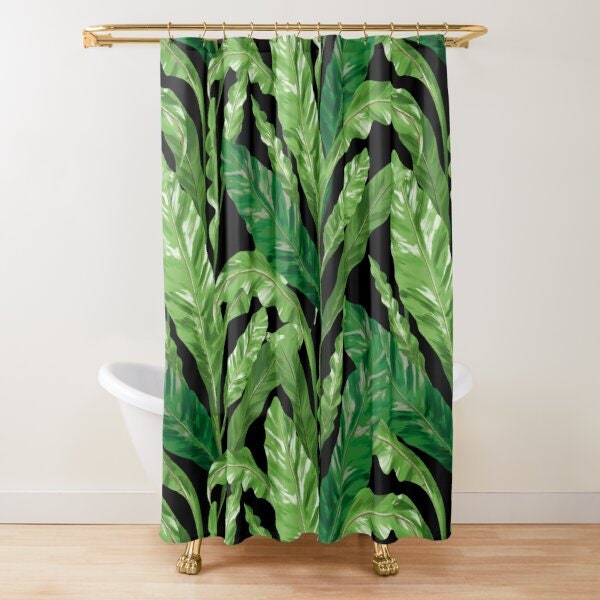 Black Tropical Leaves Botanical Shower Curtain Greenery Bathroom Decor