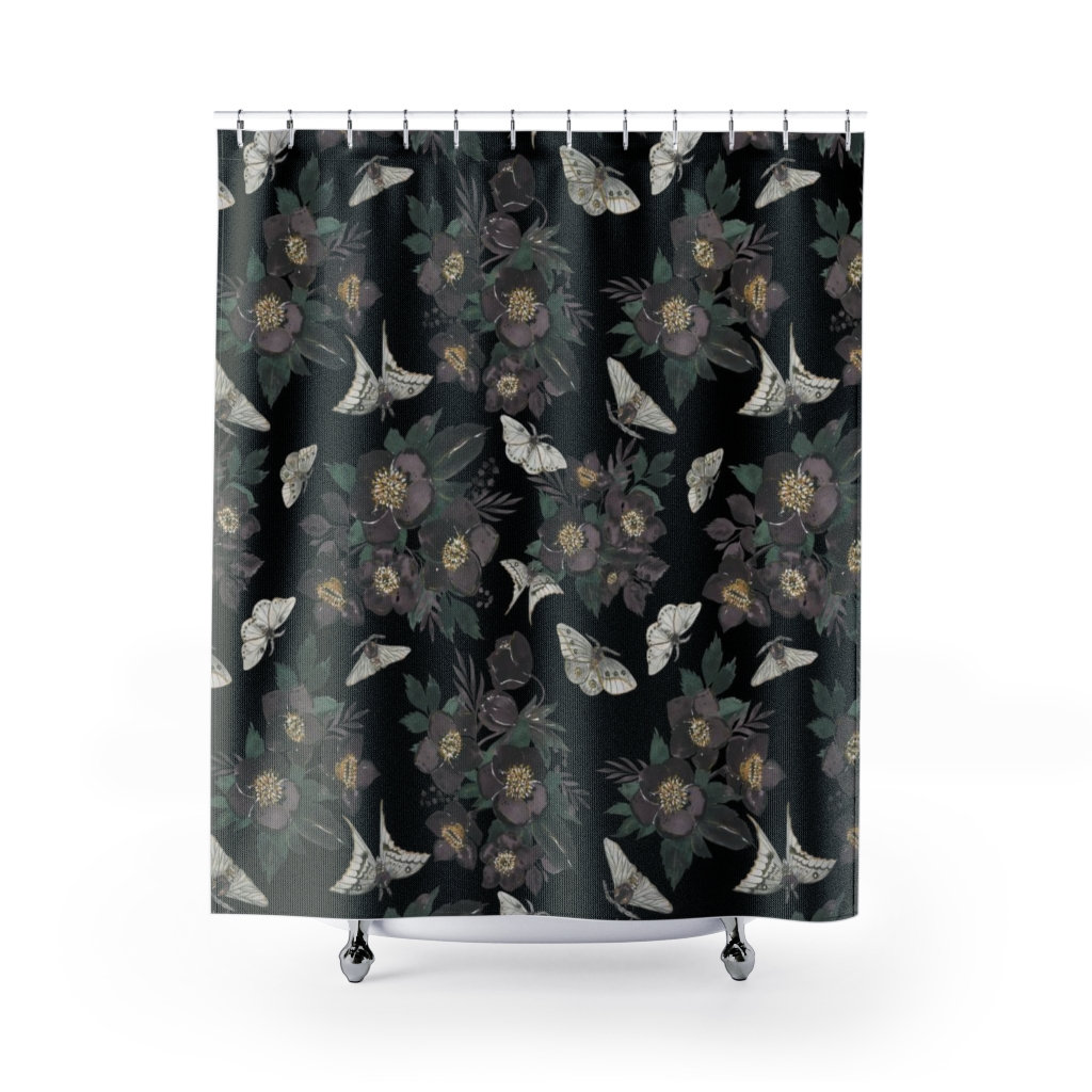 Moth And Floral Gothic Shower Curtain Nature Bathroom Decor
