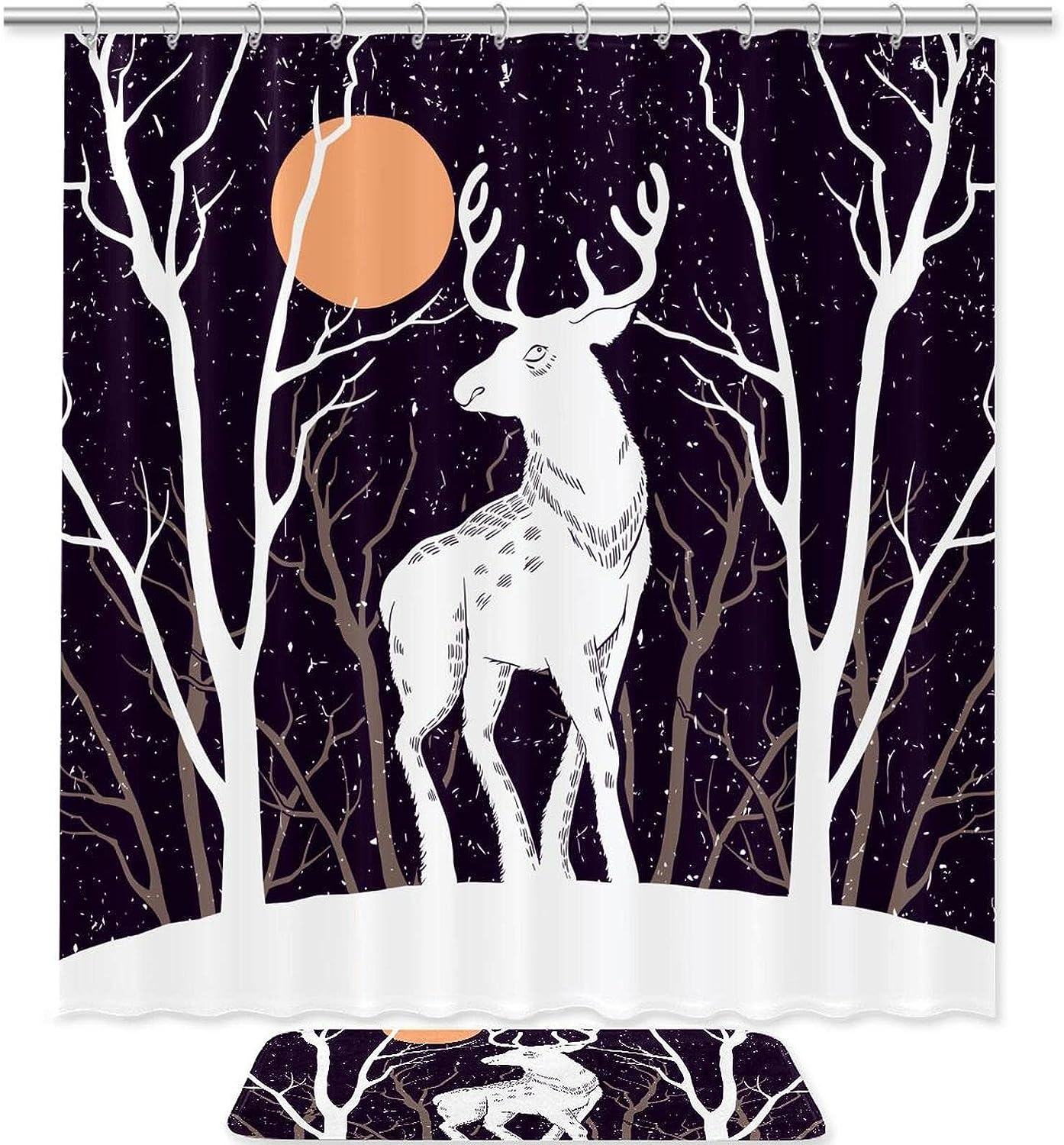 Snow Deer Under Moon Shower Curtain Winter Bathroom Decor