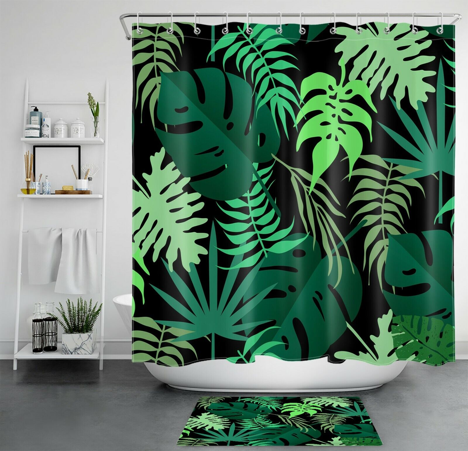 Black Tropical Jungle Banana Leaf Shower Curtain Botanical Bathroom Decor