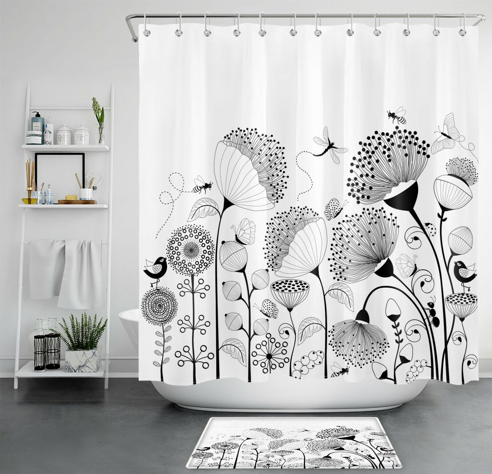 Botanical Flower Shower Curtain Dragonfly And Bee Bathroom Accessory