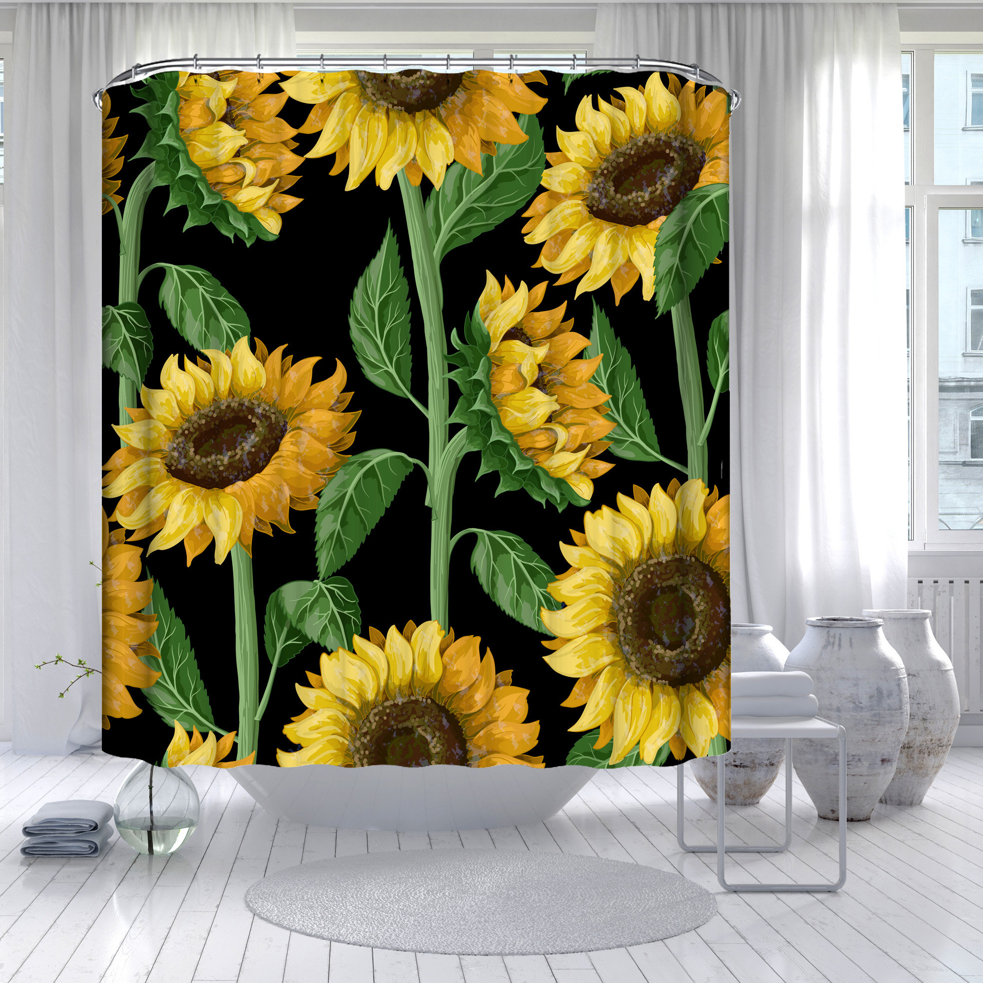 Sunflower And Floral Shower Curtain For Bathroom Waterproof