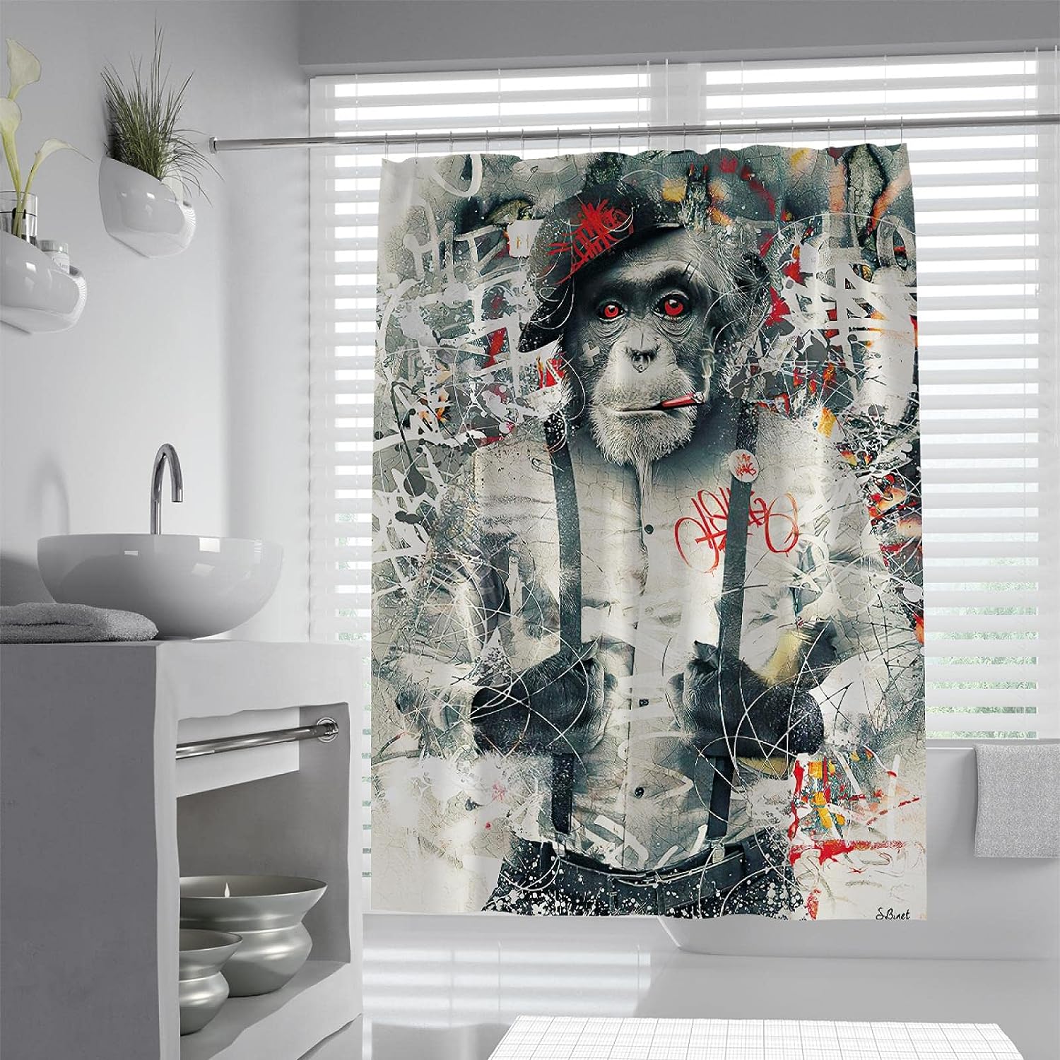 Fashionable Graffiti Monkey Black Shower Curtain For Urban And Edgy Bathroom Decor