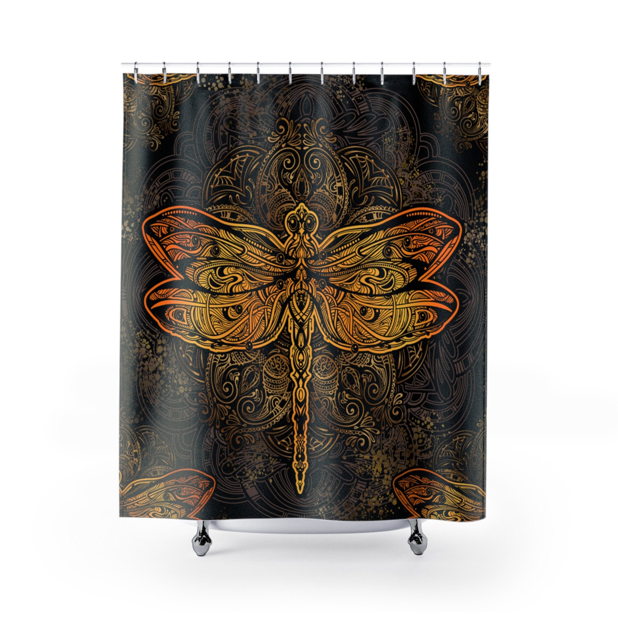 Dragonfly Print Black Shower Curtain For Nature-Inspired Bathroom Decor