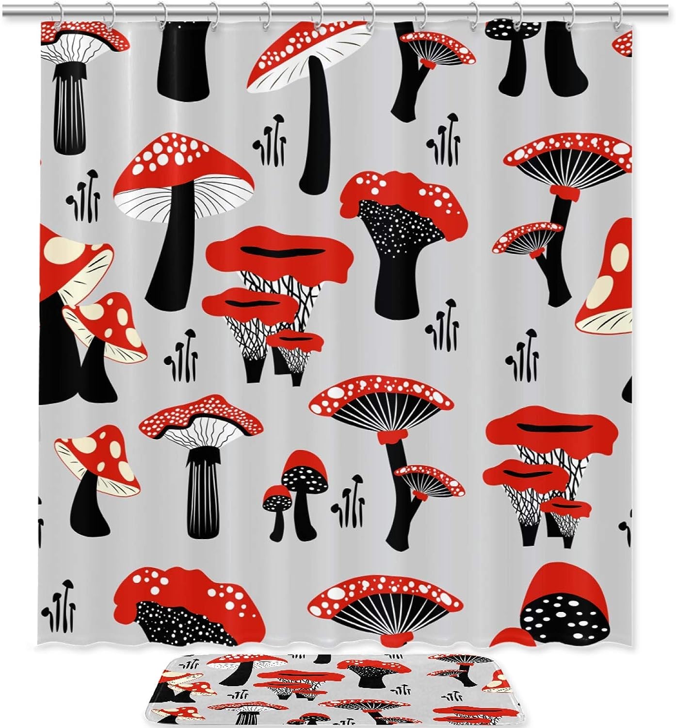 Red Mushroom Pattern Black Shower Curtain For Quirky And Whimsical Bathroom Decor