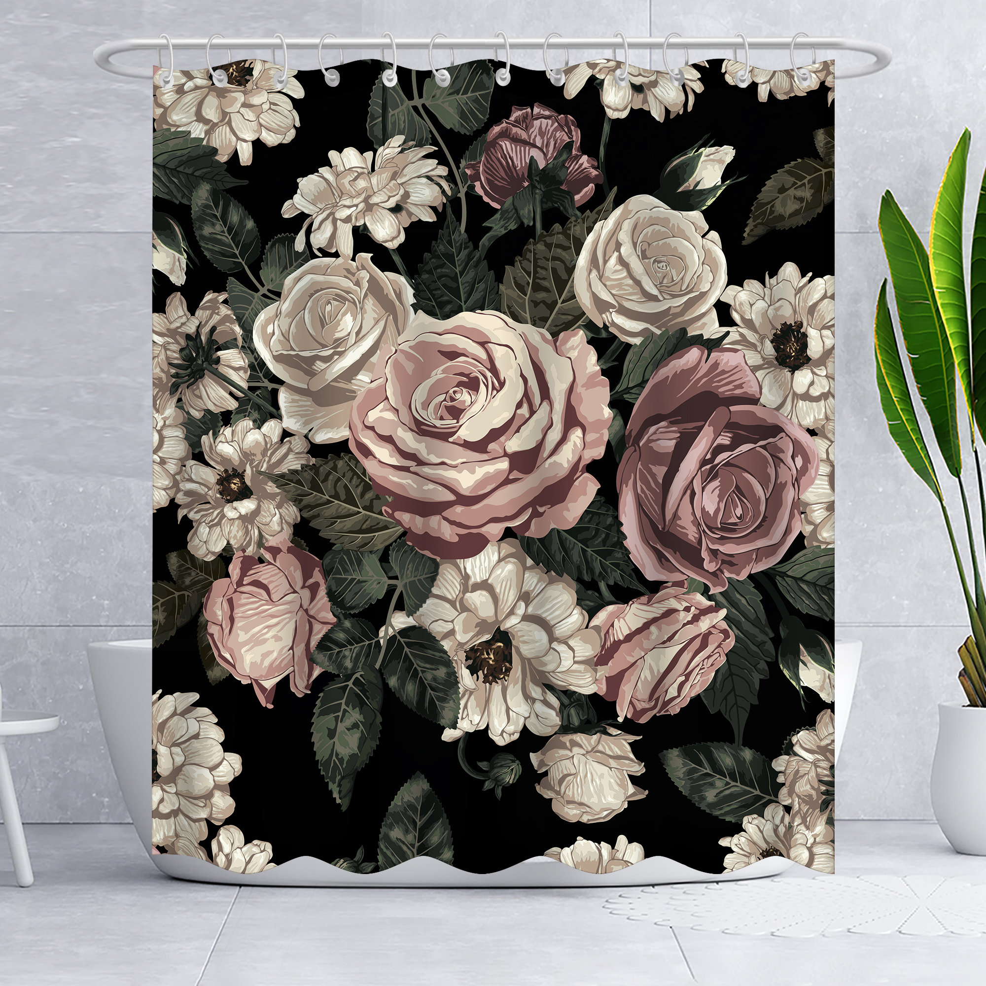Romantic Black Rose Floral Shower Curtain For Vintage And Elegant Bathroom Decor