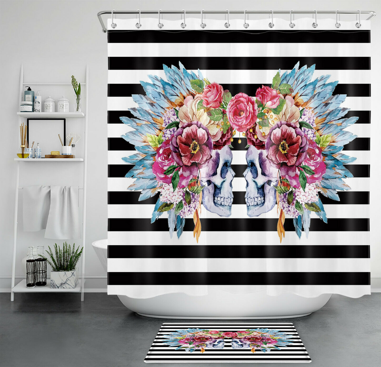 Boho Skull Flower Feather Shower Curtain For Hippie Bathroom Decor