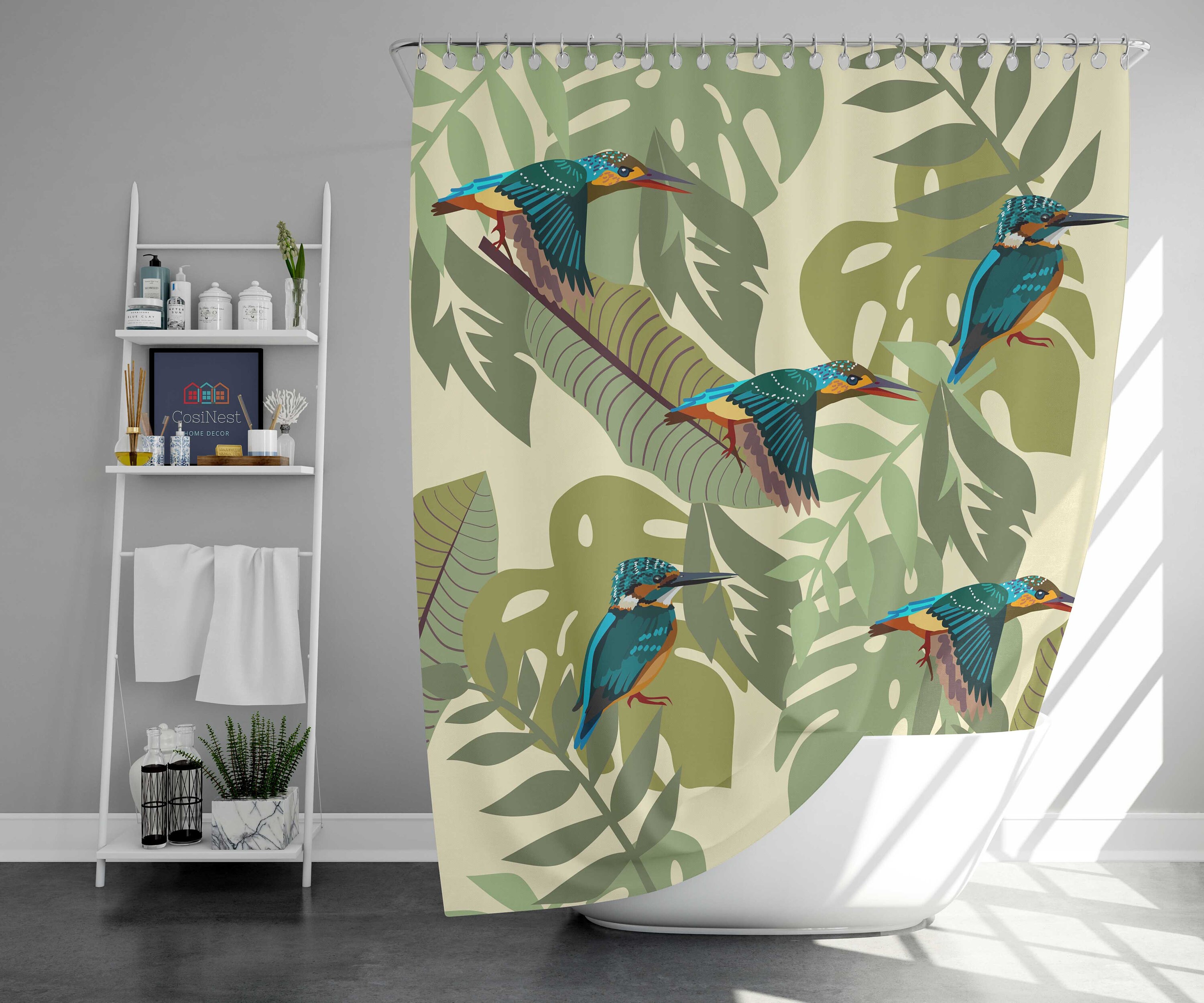 Hummingbird & Monstera Shower Curtain For Tropical Bathroom Decor