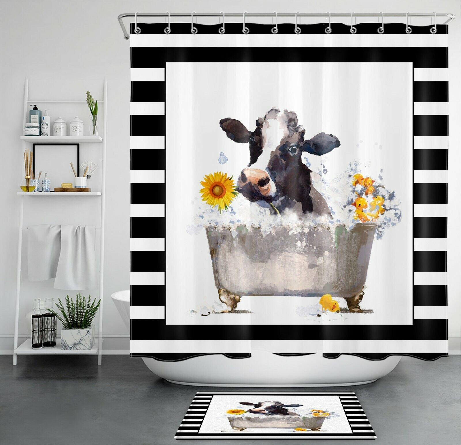 Sunflower Cow Farmhouse Shower Curtain For Rustic Bathroom Decor