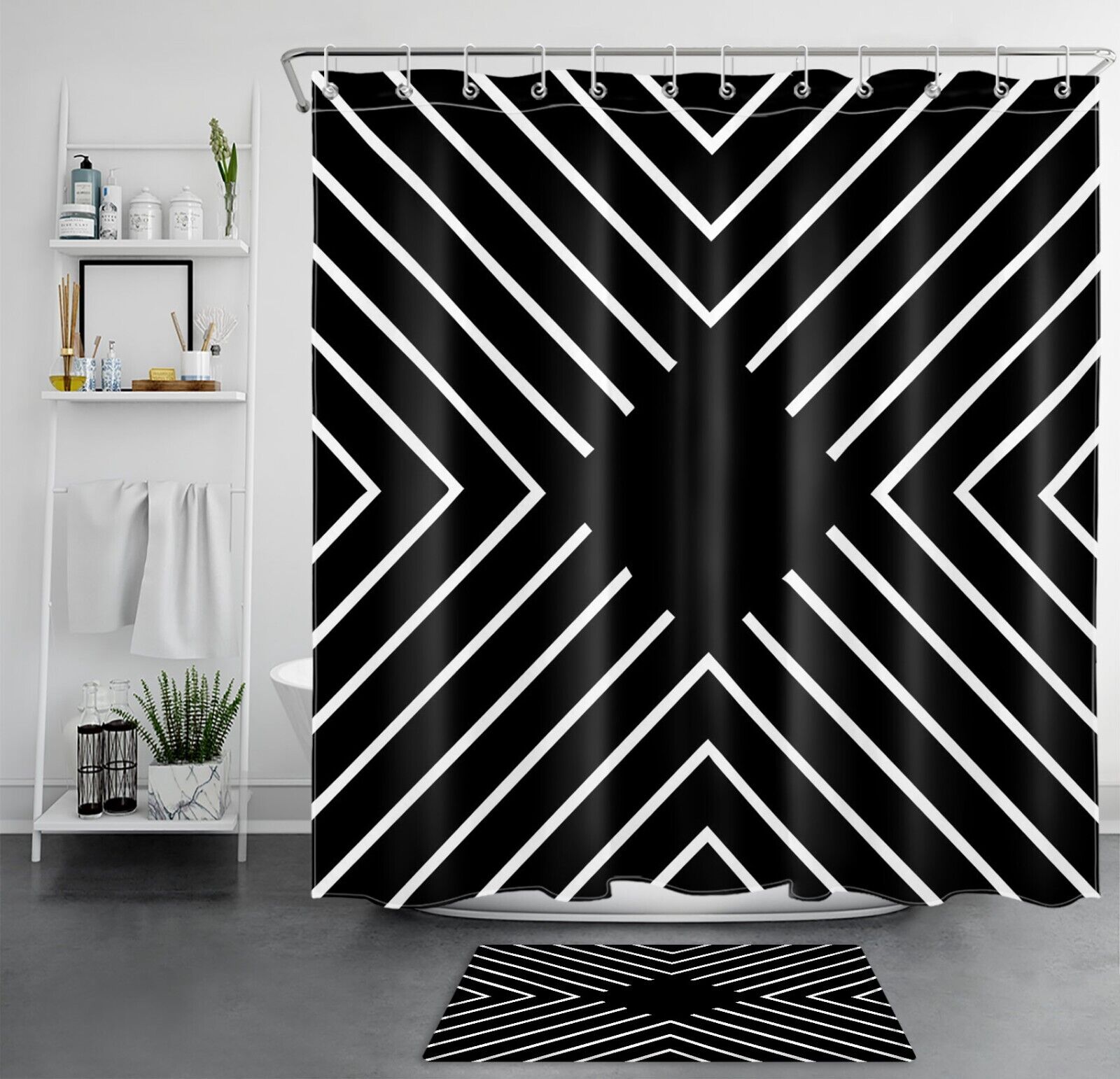 Striped Geometric Pattern Shower Curtain For Modern Bathroom Decor