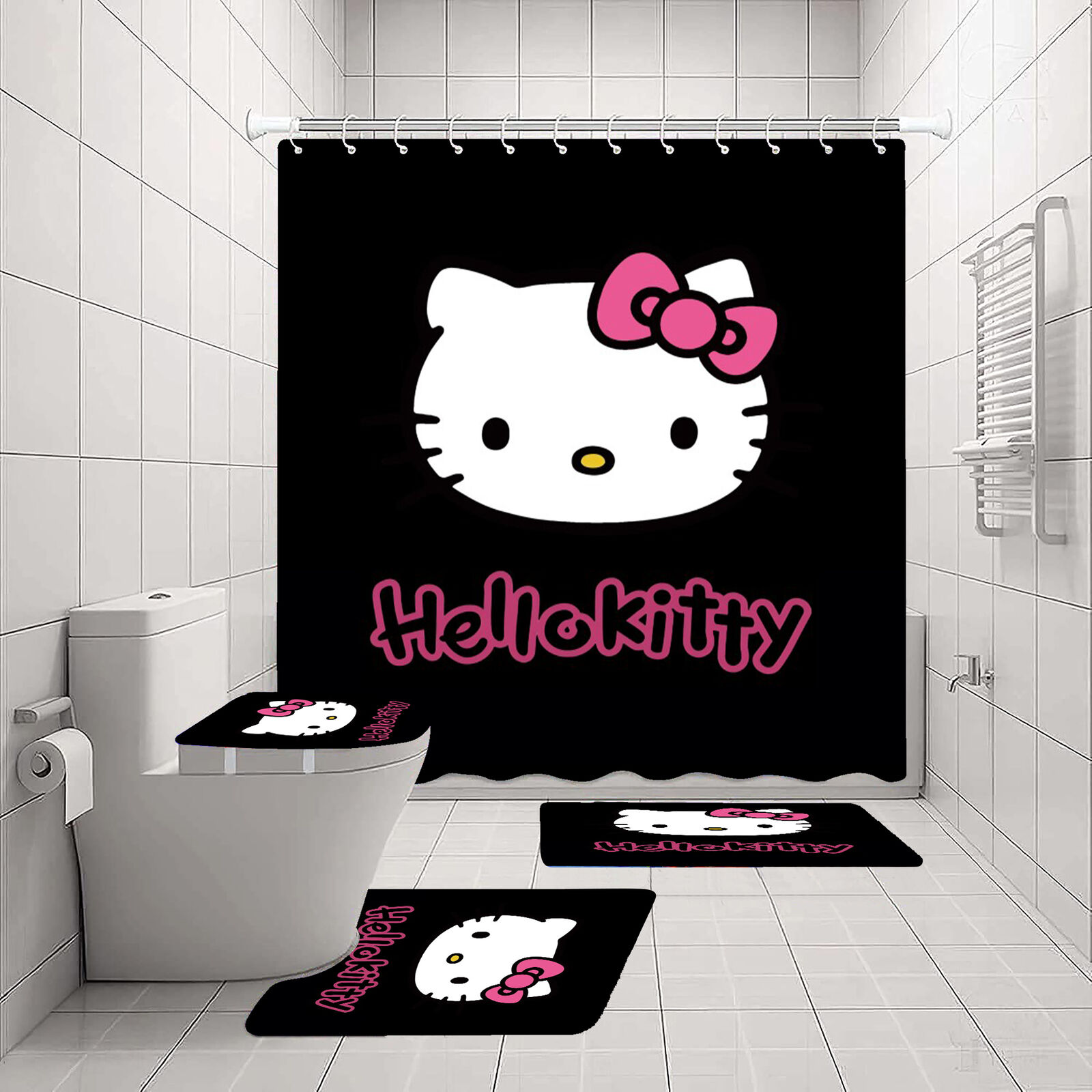 Cute Hello Kitty Waterproof Black Shower Curtain And Mat For Kids Bathroom Decor