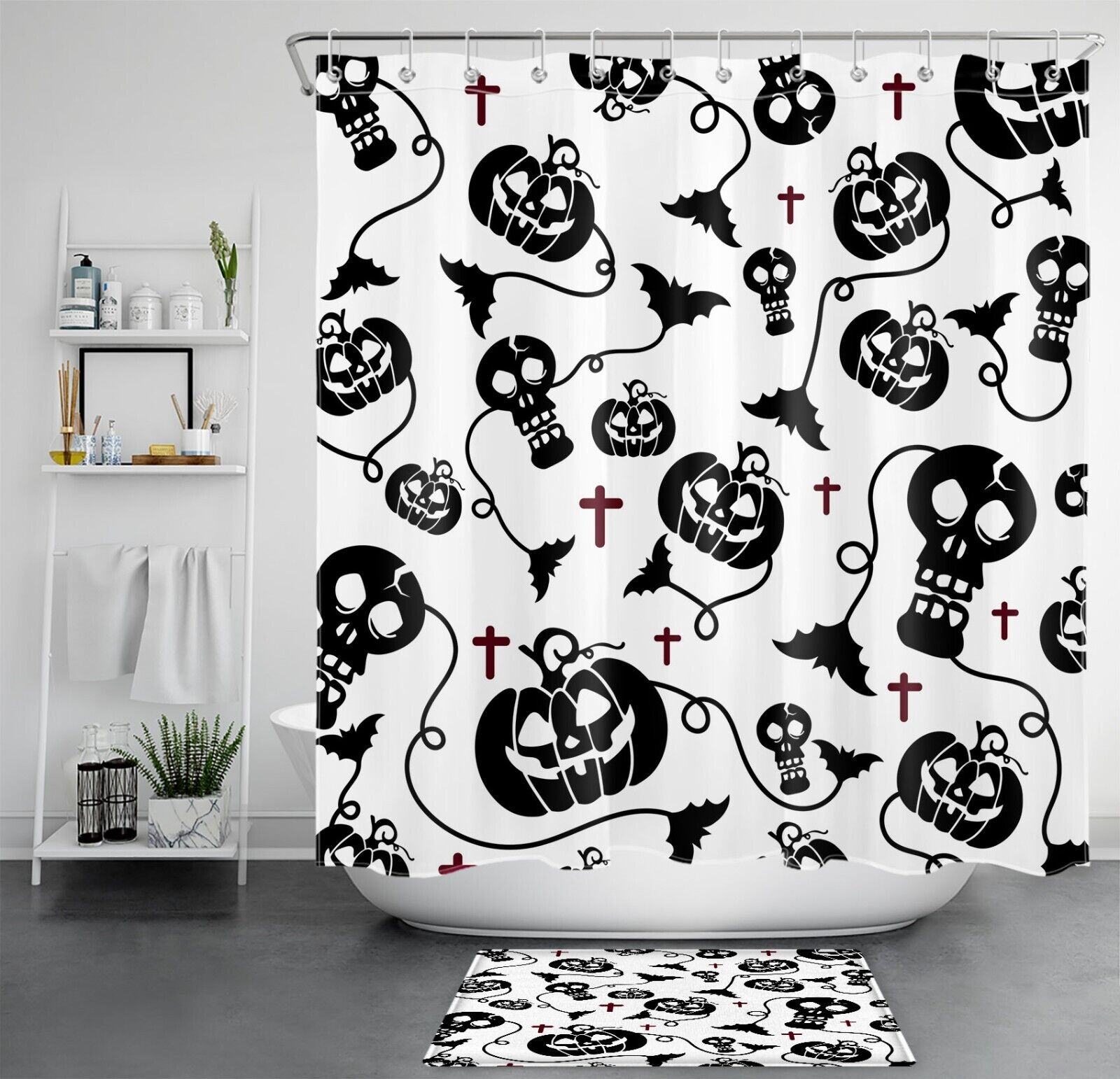 Creepy Halloween Skull Pumpkin Shower Curtain For Spooky Bathroom Decor