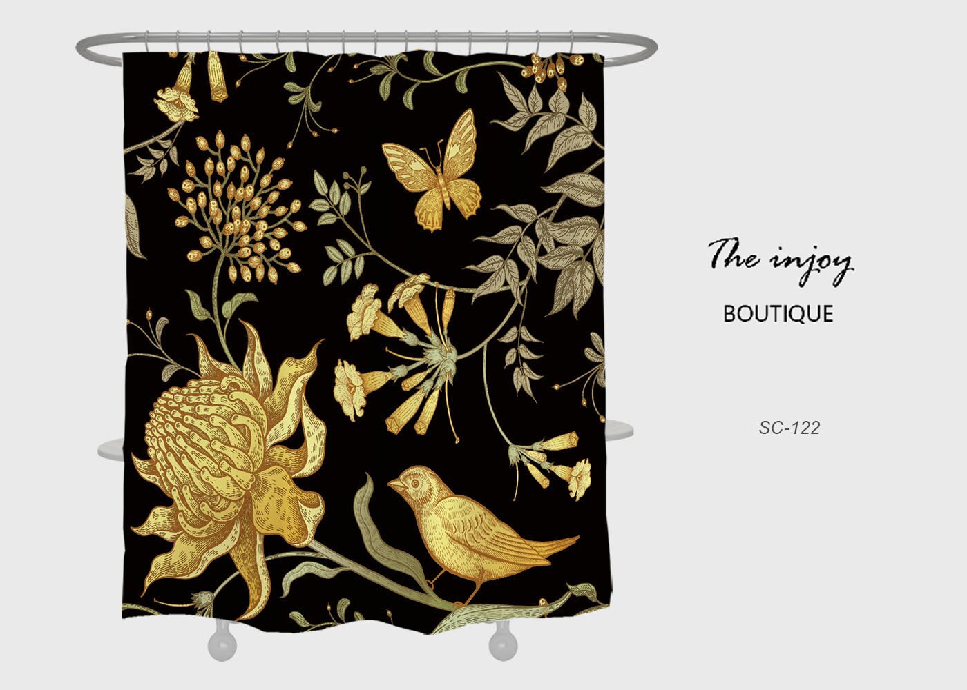 Custom Size Black Shower Curtain With Gold Flowers And Birds For Vintage Bathroom Decor