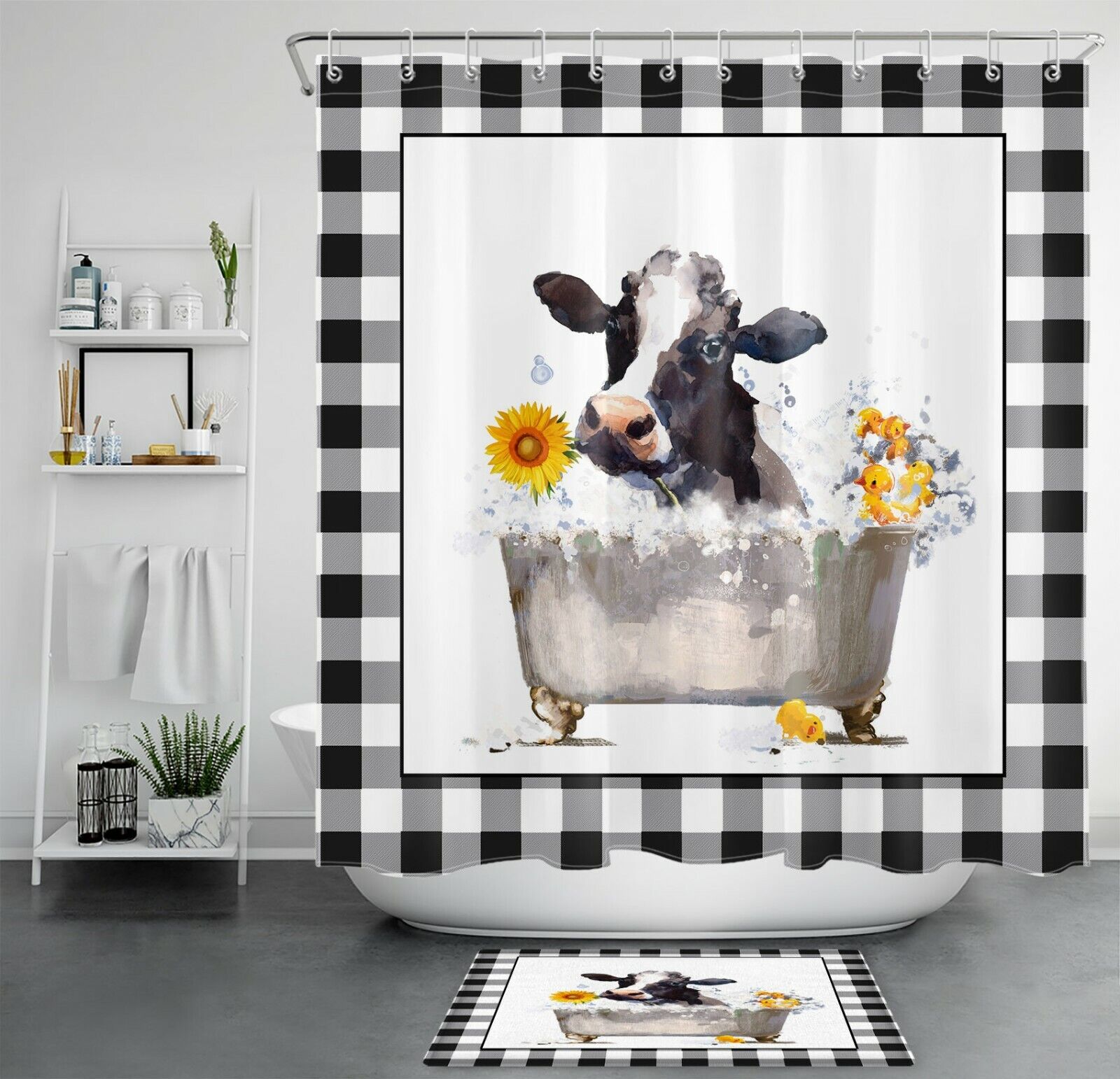 Plaid Sunflower Cow Shower Curtain Rustic Bathroom Decor