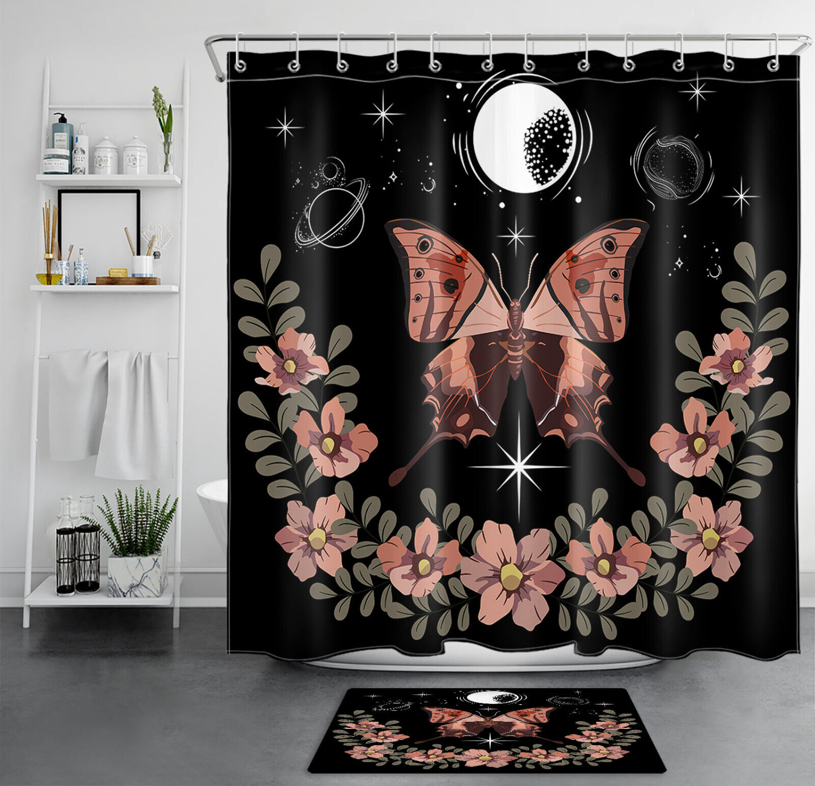 Planet Flower Butterfly Shower Curtain Mystic Bathroom Decor