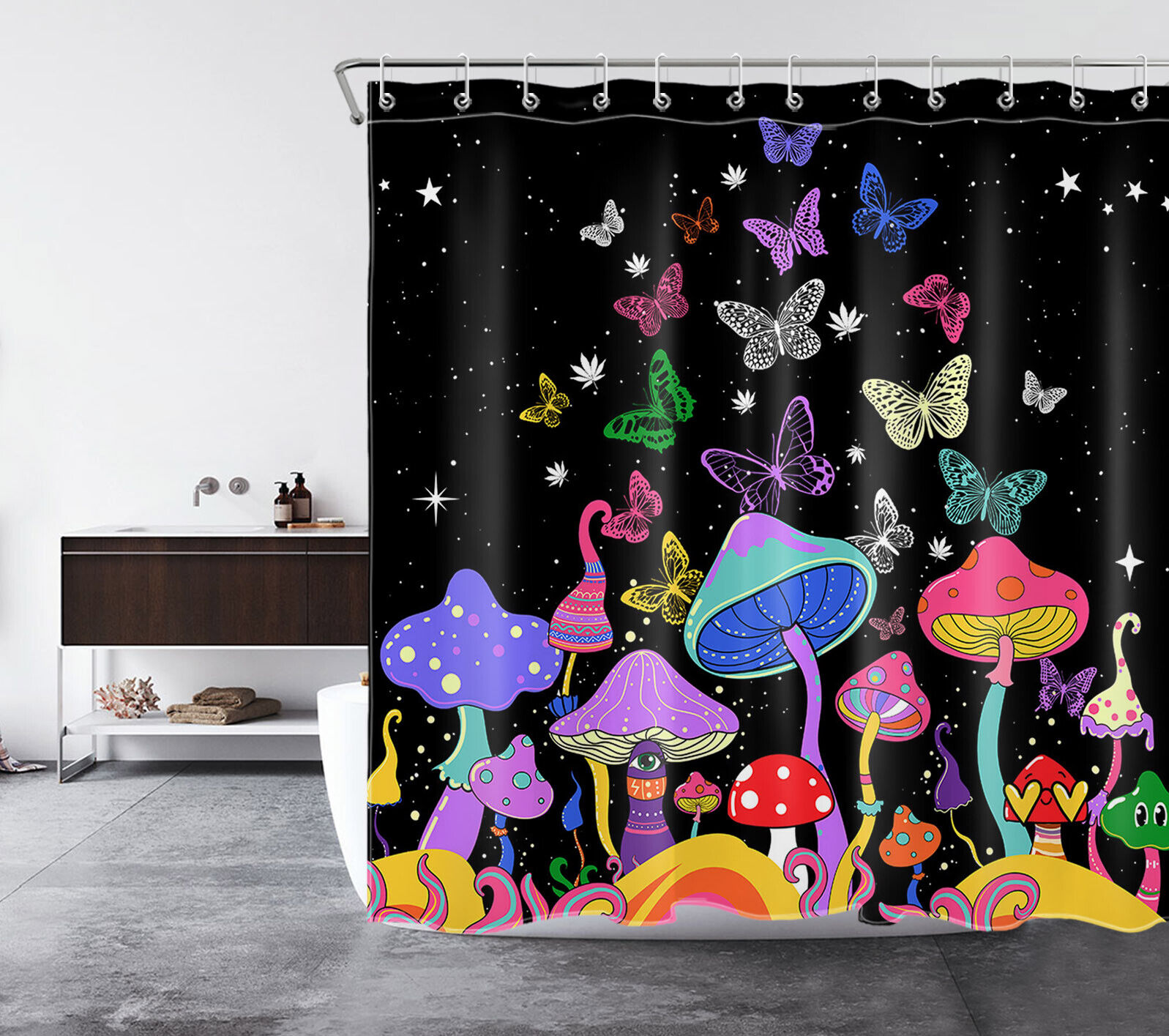 Starry Sky Butterfly Mushroom Shower Curtain For Dreamy Bathroom Decor