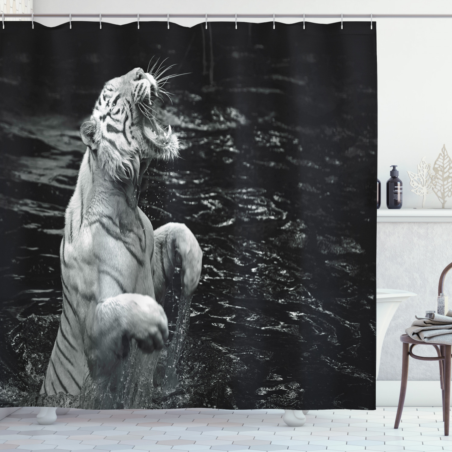 Exotic White Tiger Print Shower Curtain For Wild Bathroom Decor