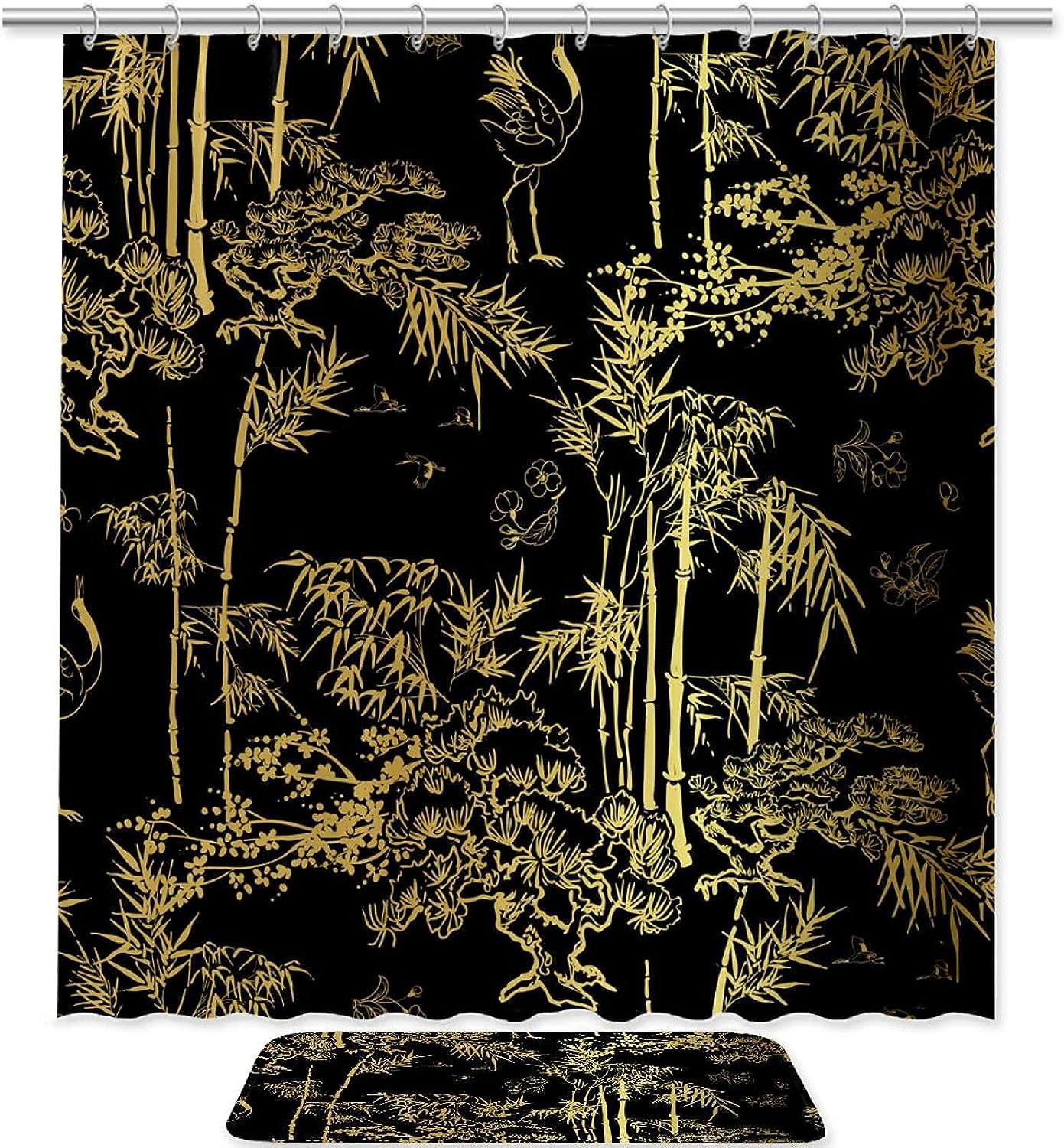 Elegant Black And Golden Bamboo Shower Curtain For Zen Bathroom Decor