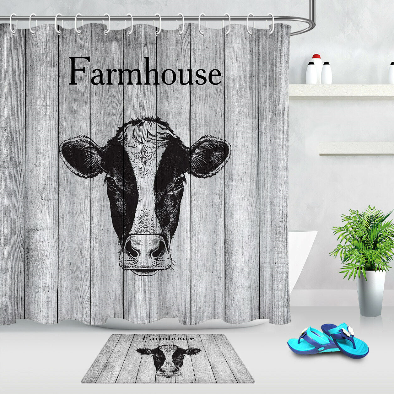 Rustic Black Cow Head Shower Curtain On Wood Planks For Country-Themed Bathroom Decor