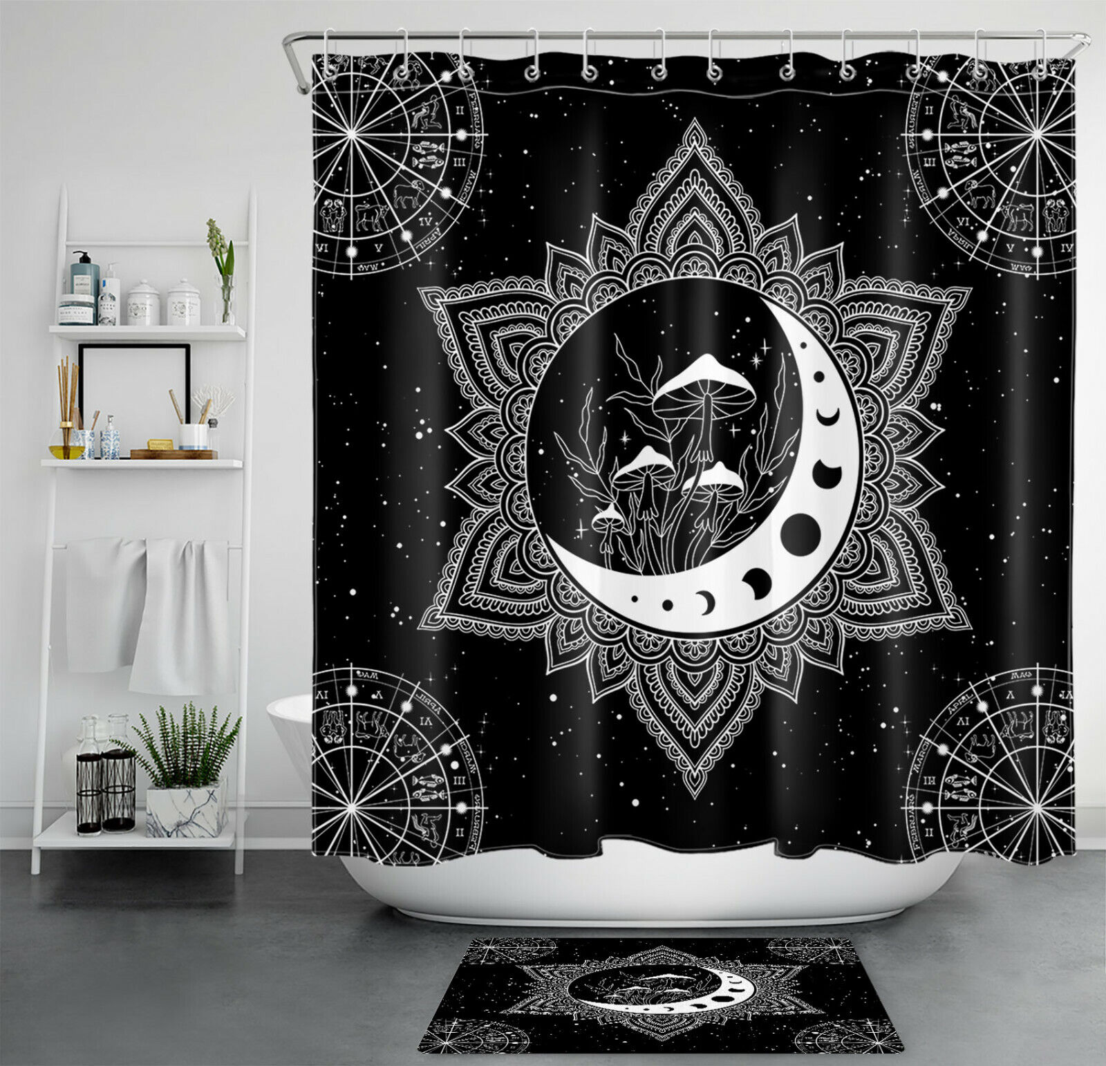 Psychedelic Mushroom Shower Curtain For Boho Moon Phase Bathroom Decor