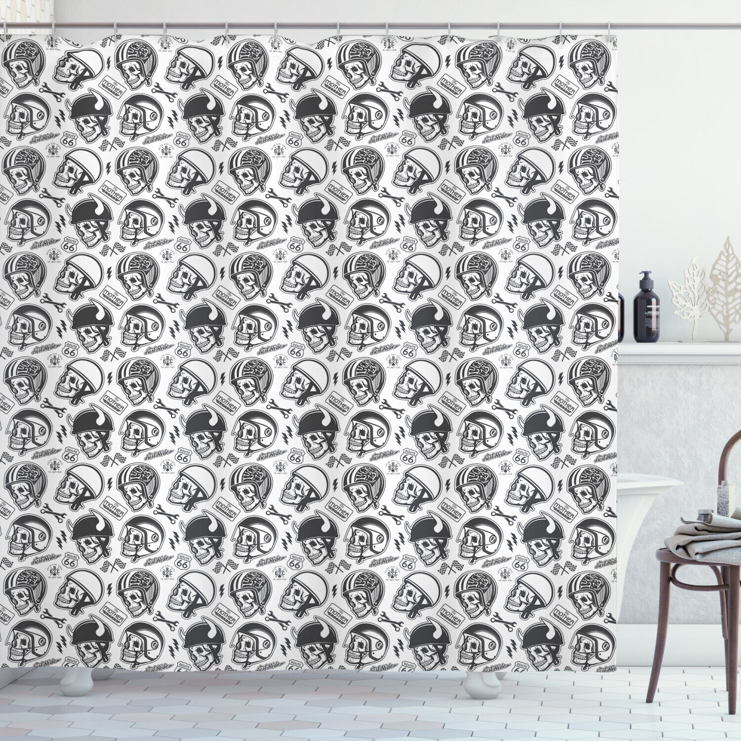 Rider Skull Pattern Print Shower Curtain For Edgy Bathroom Decor