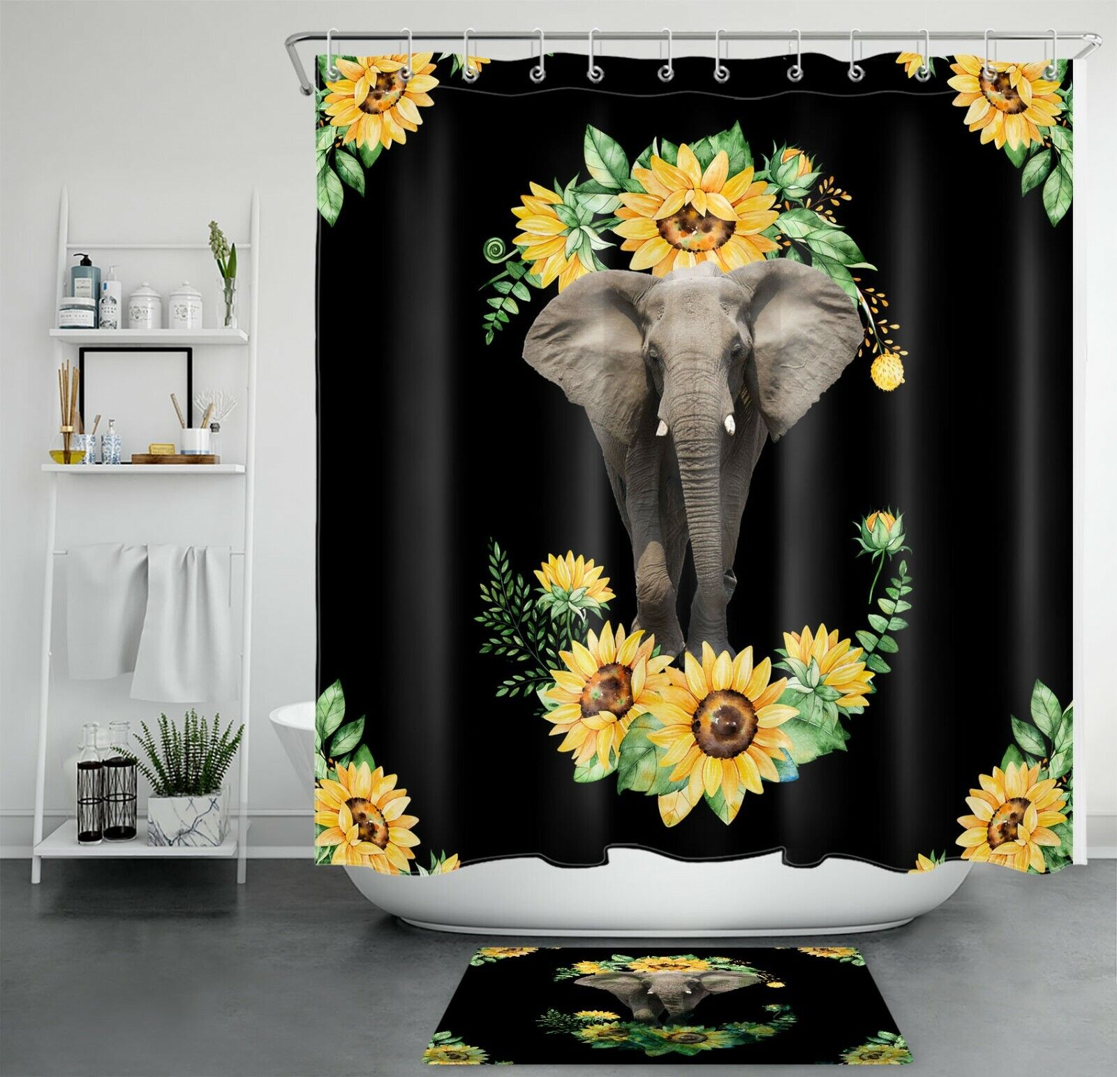 Funny Animal Elephant Sunflower Black Shower Curtain For Playful Bathroom Accessories