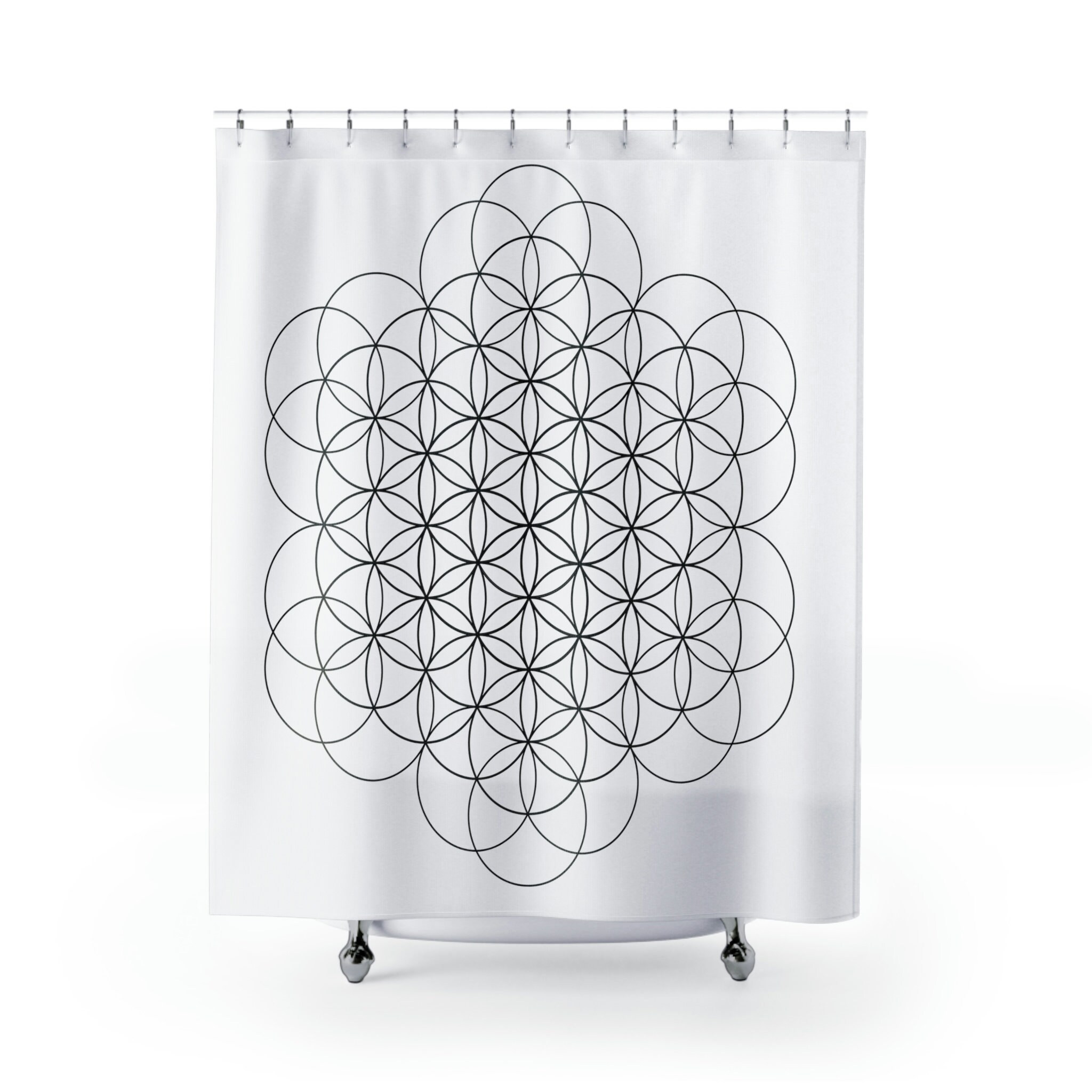 Geometric Flower Of Life Black Shower Curtain For Minimalist Bathroom Decor And Sacred Geometry Lovers