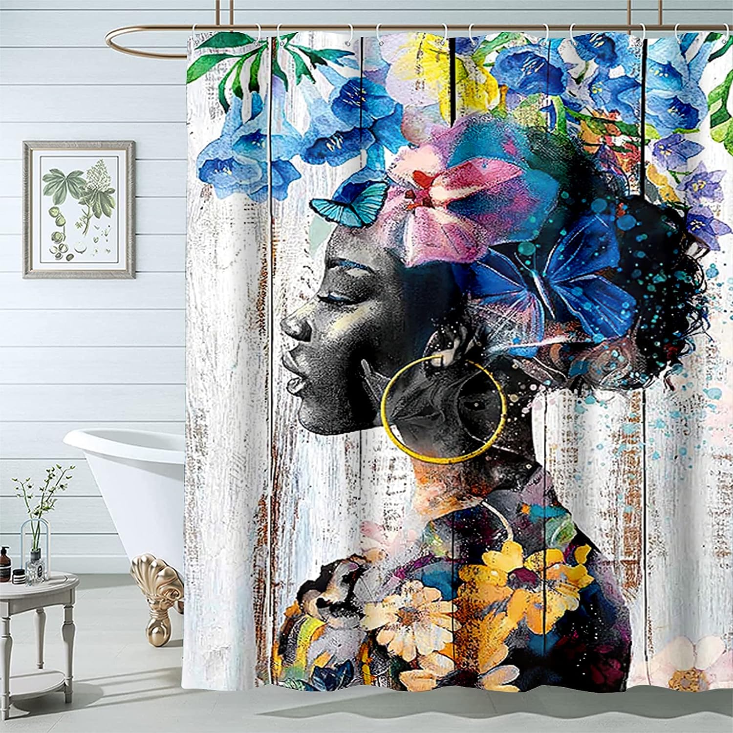 Butterfly Lady Floral Boho Theme African American Woman Black Shower Curtain For Girly Bathroom Decor