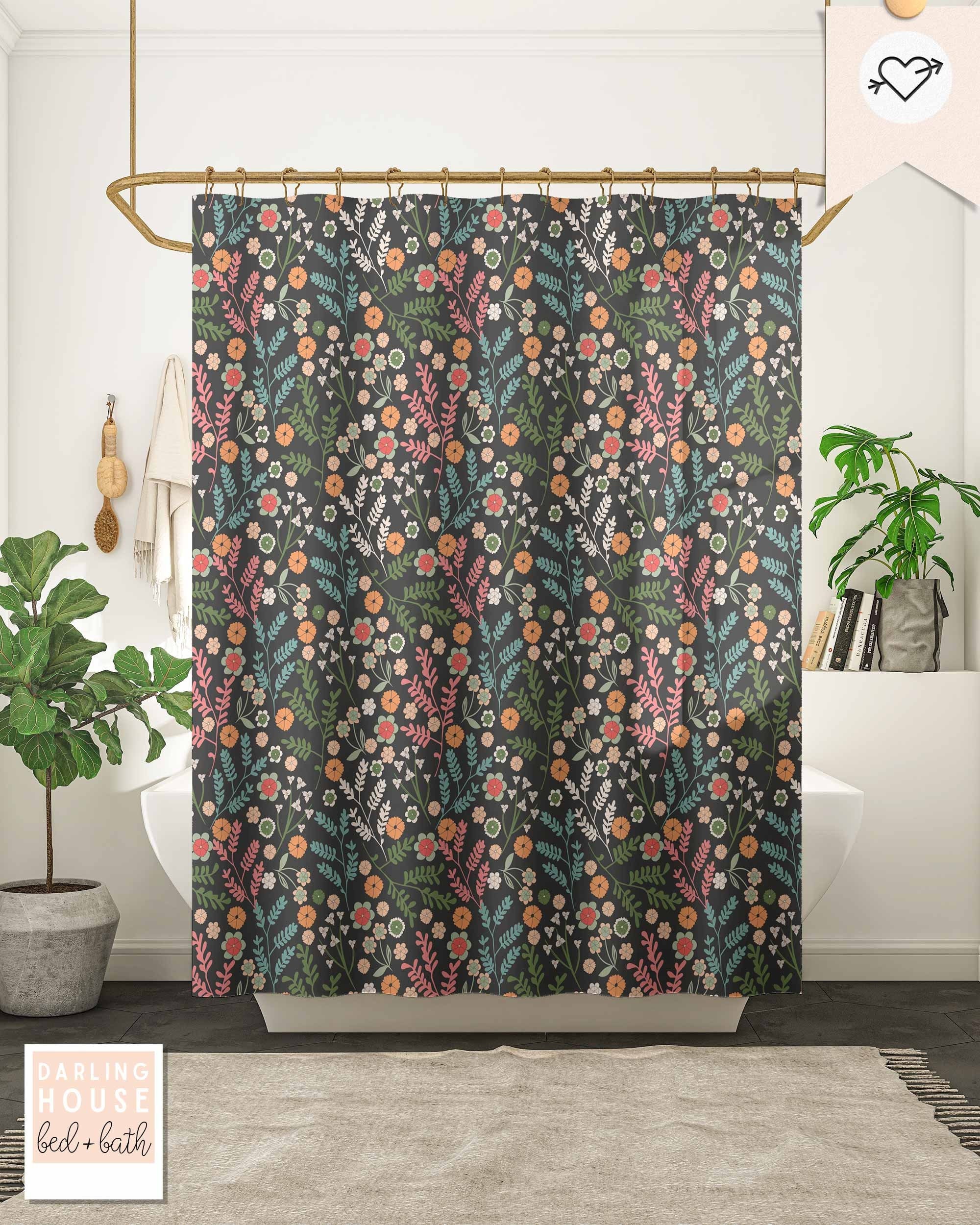 Boho Vintage Scandinavian Botanical Bathroom Shower Curtain In Funky Maximalist Decor