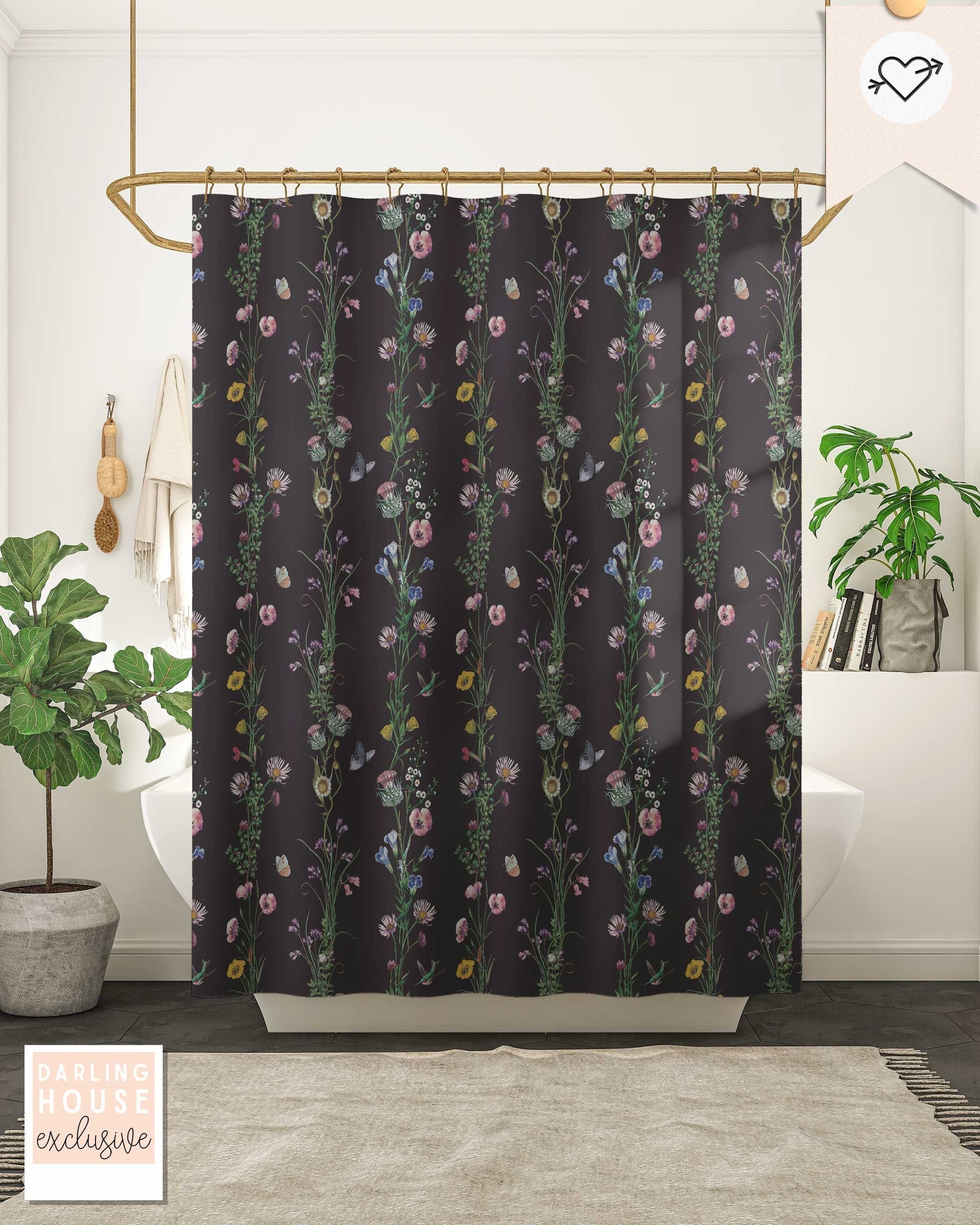 Floral Colorful Daisy Wildflower Meadow Black Shower Curtain For Botanical Cottagecore Bathroom Decor