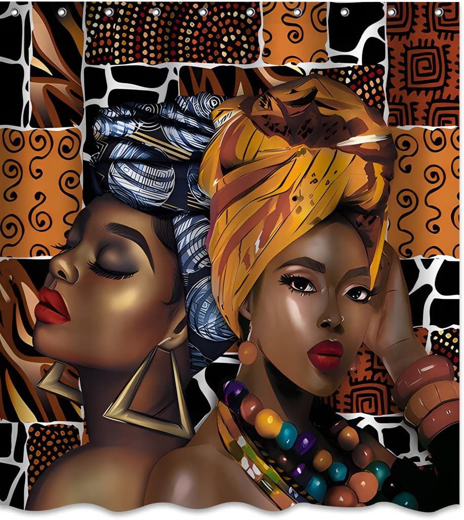 Boho Theme African Woman Black Shower Curtain For Waterproof And Washable Bathroom Decor