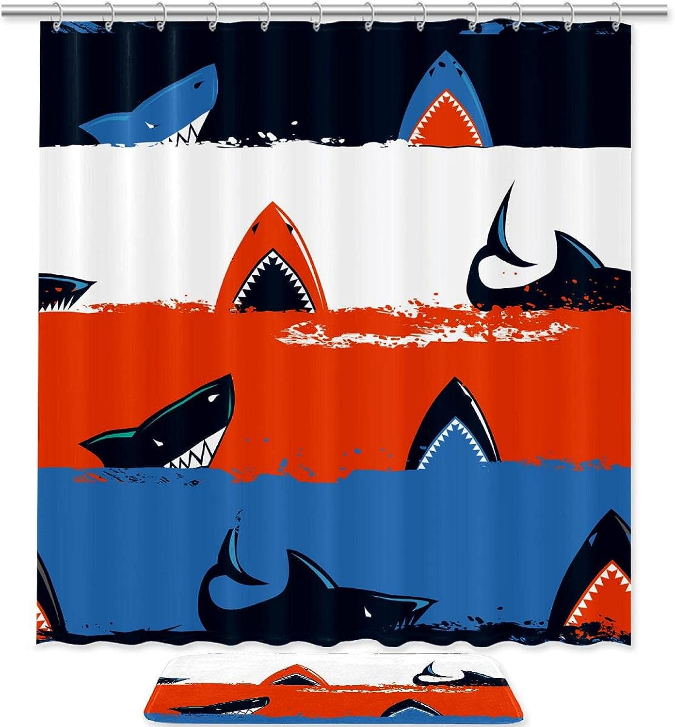 Shark And Sea Stripe Shower Curtain With Microfiber Accents Sea Themed Bathroom Decor