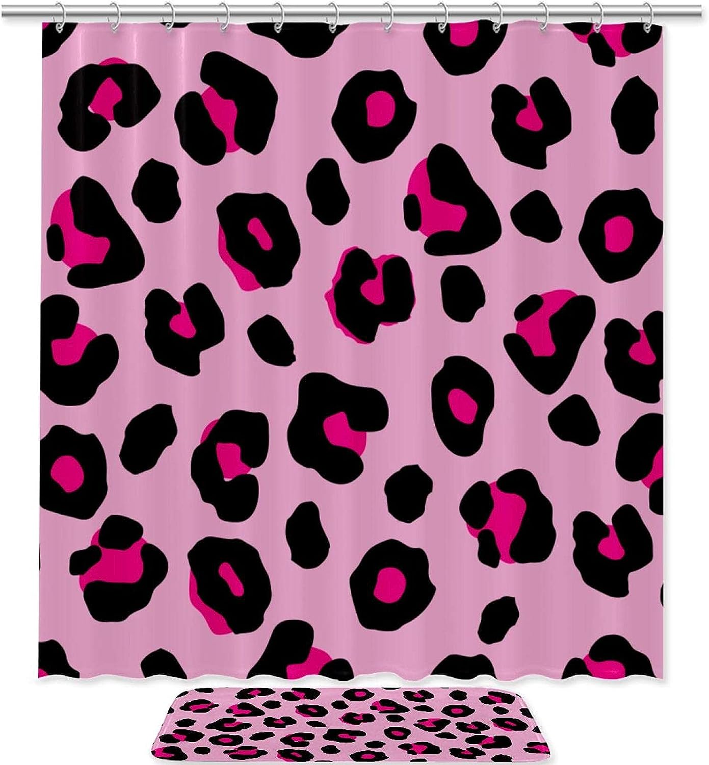 Pink Leopard Shower Curtain With Microfiber Accents Animal Themed Bathroom Decor