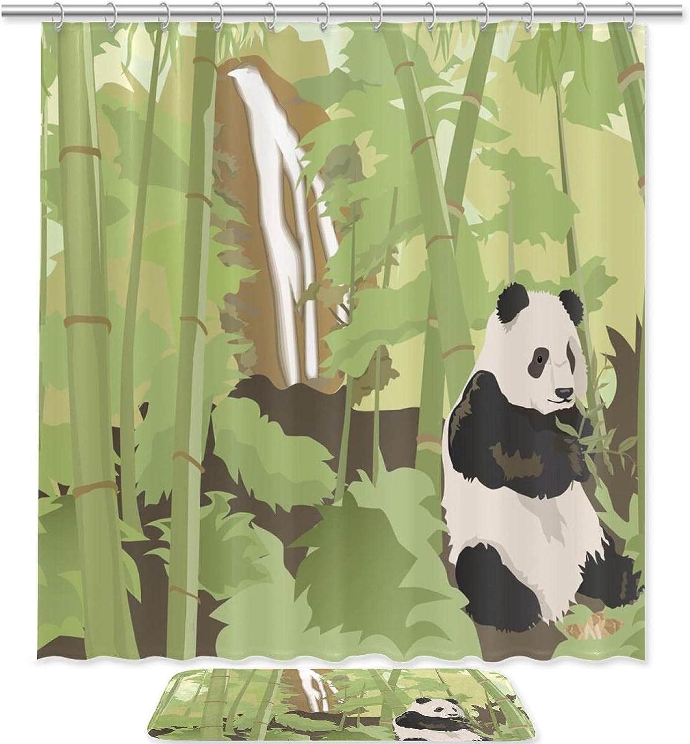 Panda And Waterfall Forest Shower Curtain With Microfiber Accents Natural Bathroom Decor