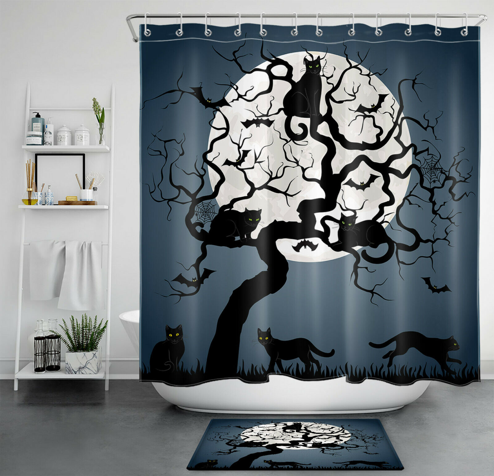 Cat Pumpkin Owl Halloween Full Moon Shower Curtain For Bathroom Decor