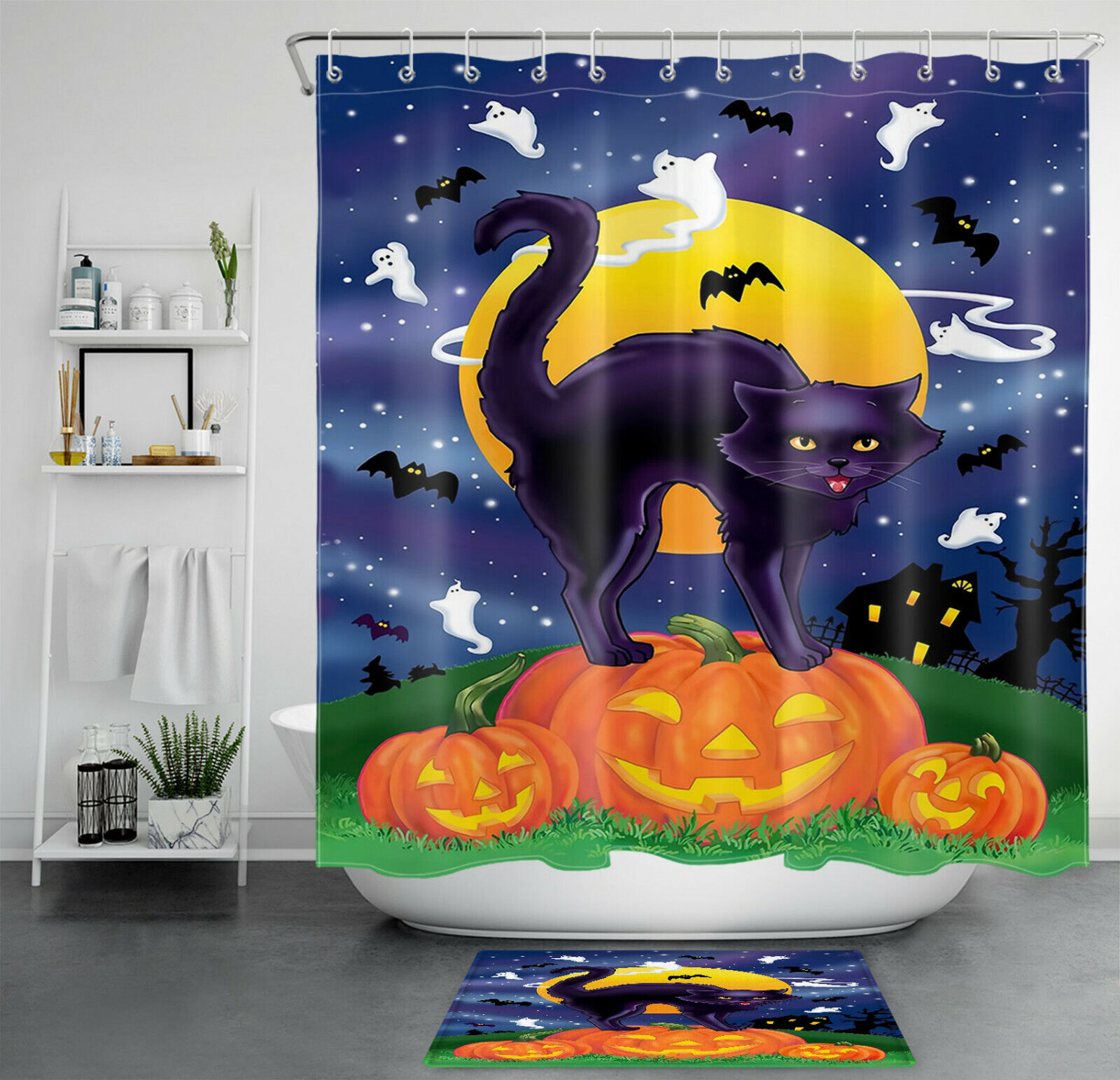 Cat Pumpkin Halloween Shower Curtain For Bathroom Decor